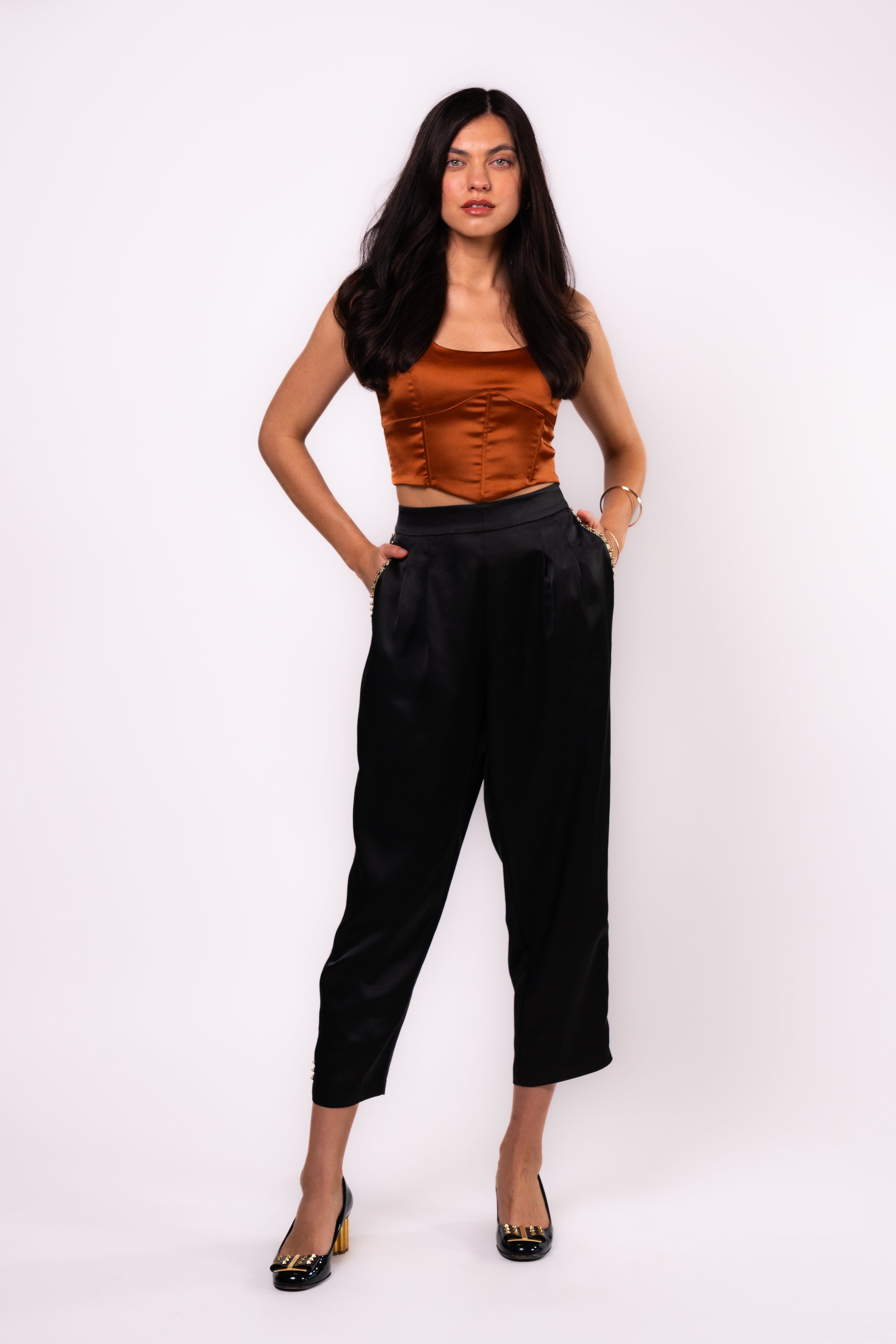 Brangio Italy Luxe Sapphire Chain-Embellished Satin Pants- Black
