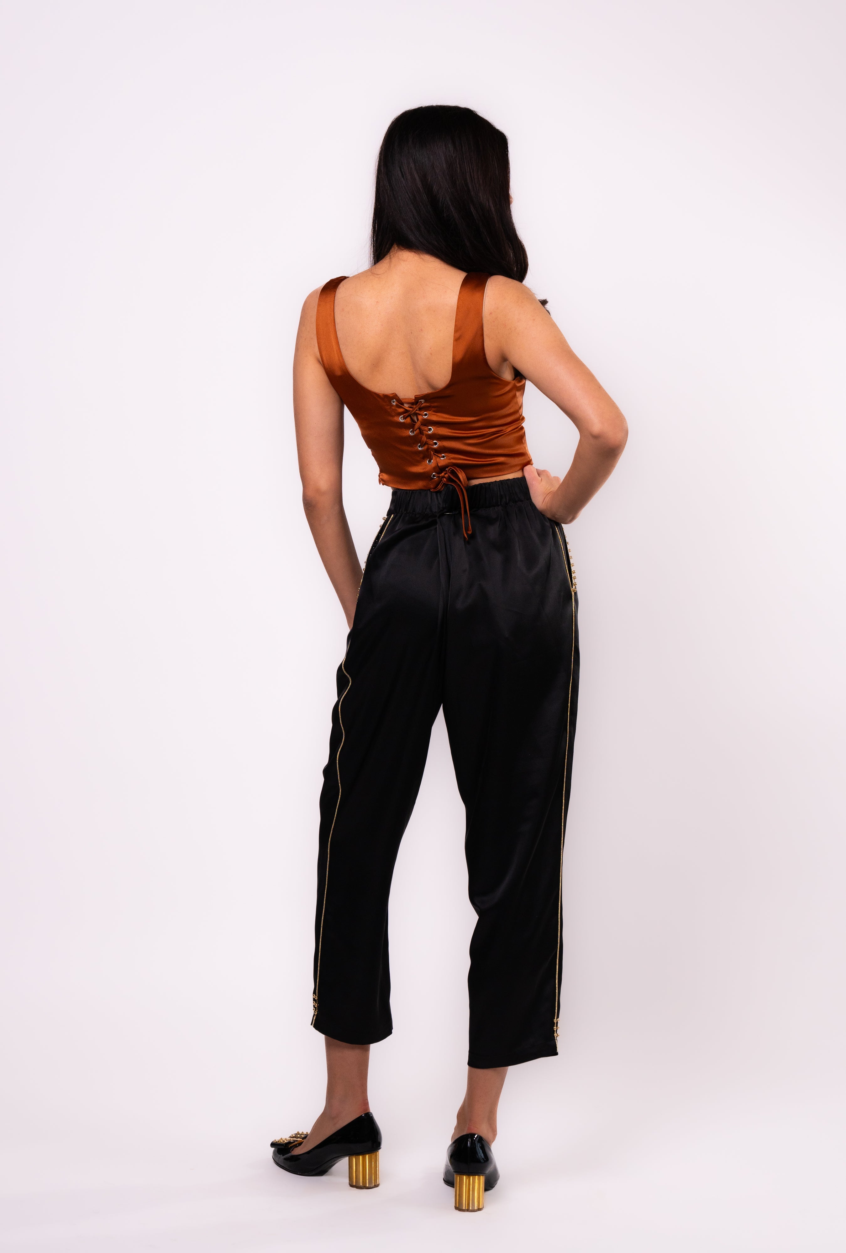 Brangio Italy Luxe Sapphire Chain-Embellished Satin Pants- Black