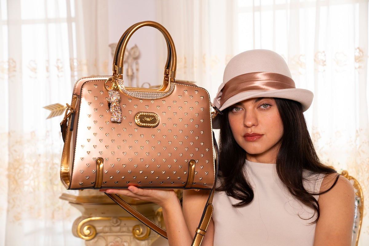 Brangio Italy Luxury Studded Leather Tote Bag – Designer Top Handle Handbag with Gold Hardware & Detachable Strap