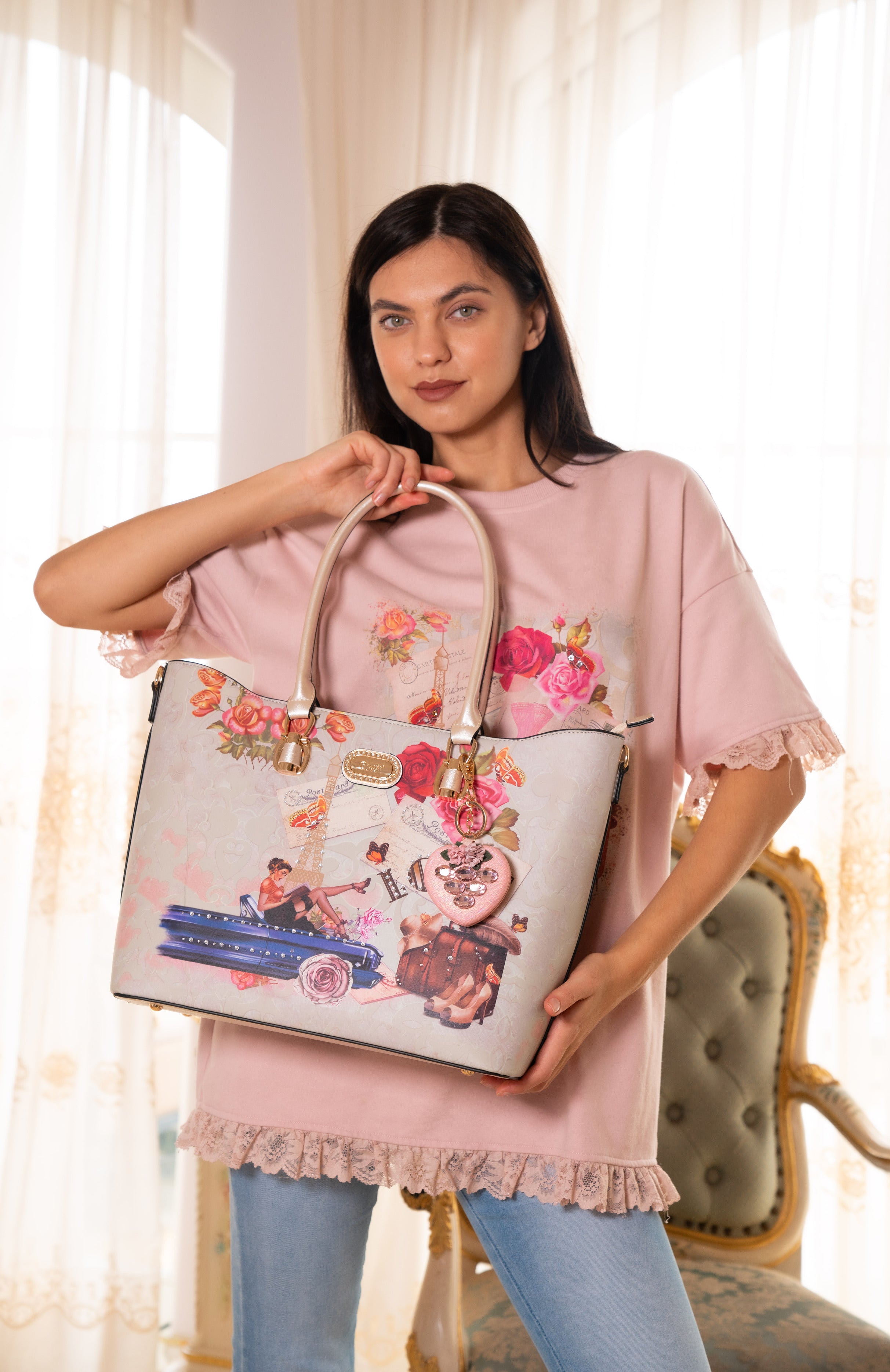 Brangio Italy Vintage Floral Love Medium Designer Handbag