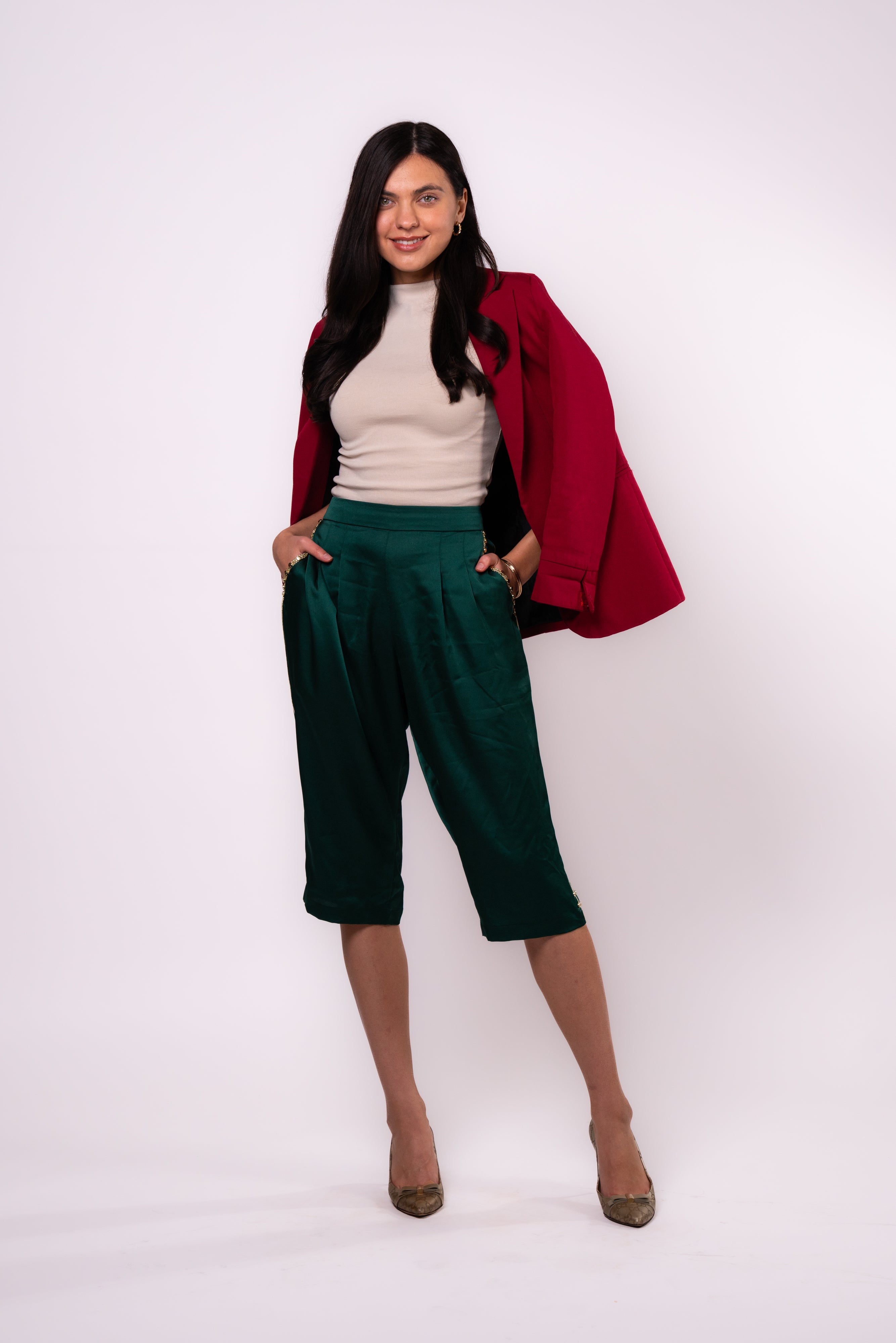 Brangio Italy Luxe Sapphire Chain-Embellished Satin Culottes-Greeen