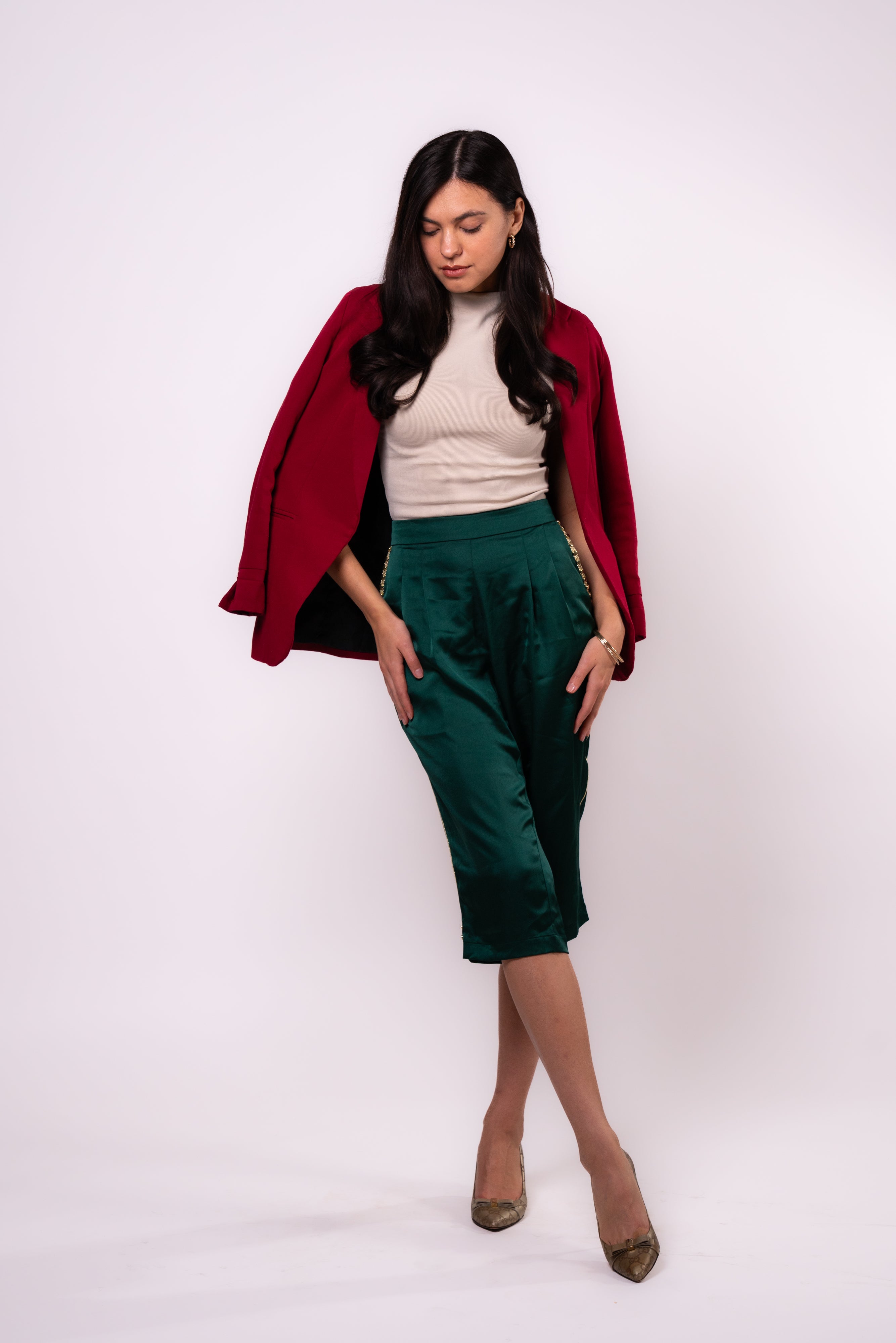 Brangio Italy Luxe Sapphire Chain-Embellished Satin Culottes-Greeen