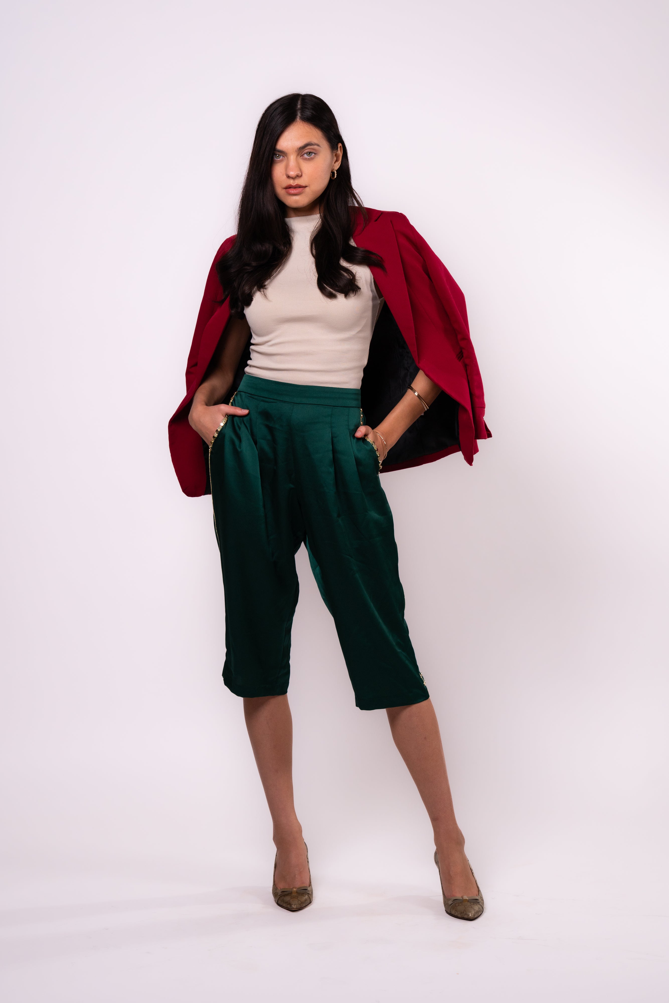 Brangio Italy Luxe Sapphire Chain-Embellished Satin Culottes-Greeen