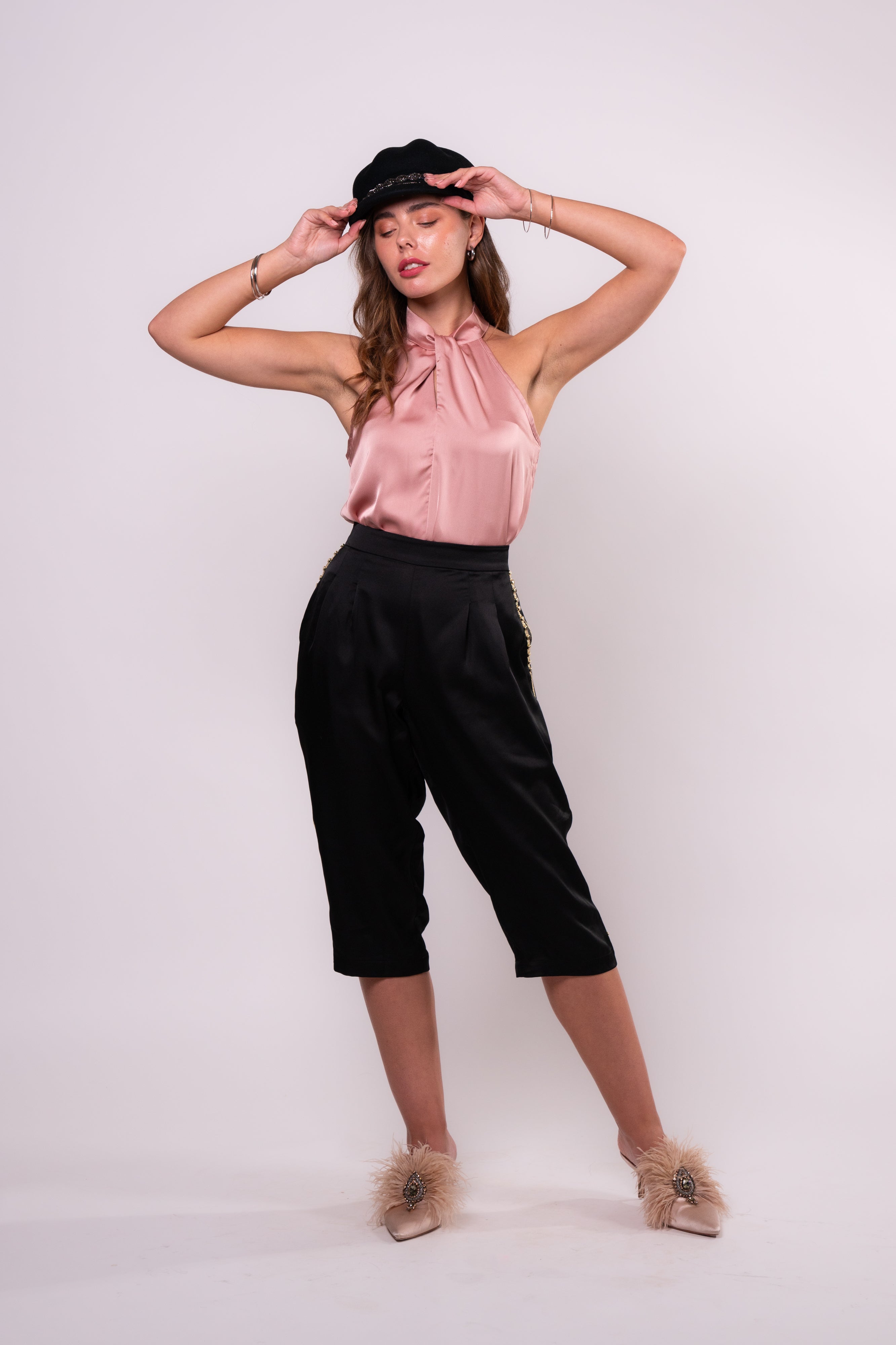 Brangio Italy Luxe Sapphire Chain-Embellished Satin Culottes-Black