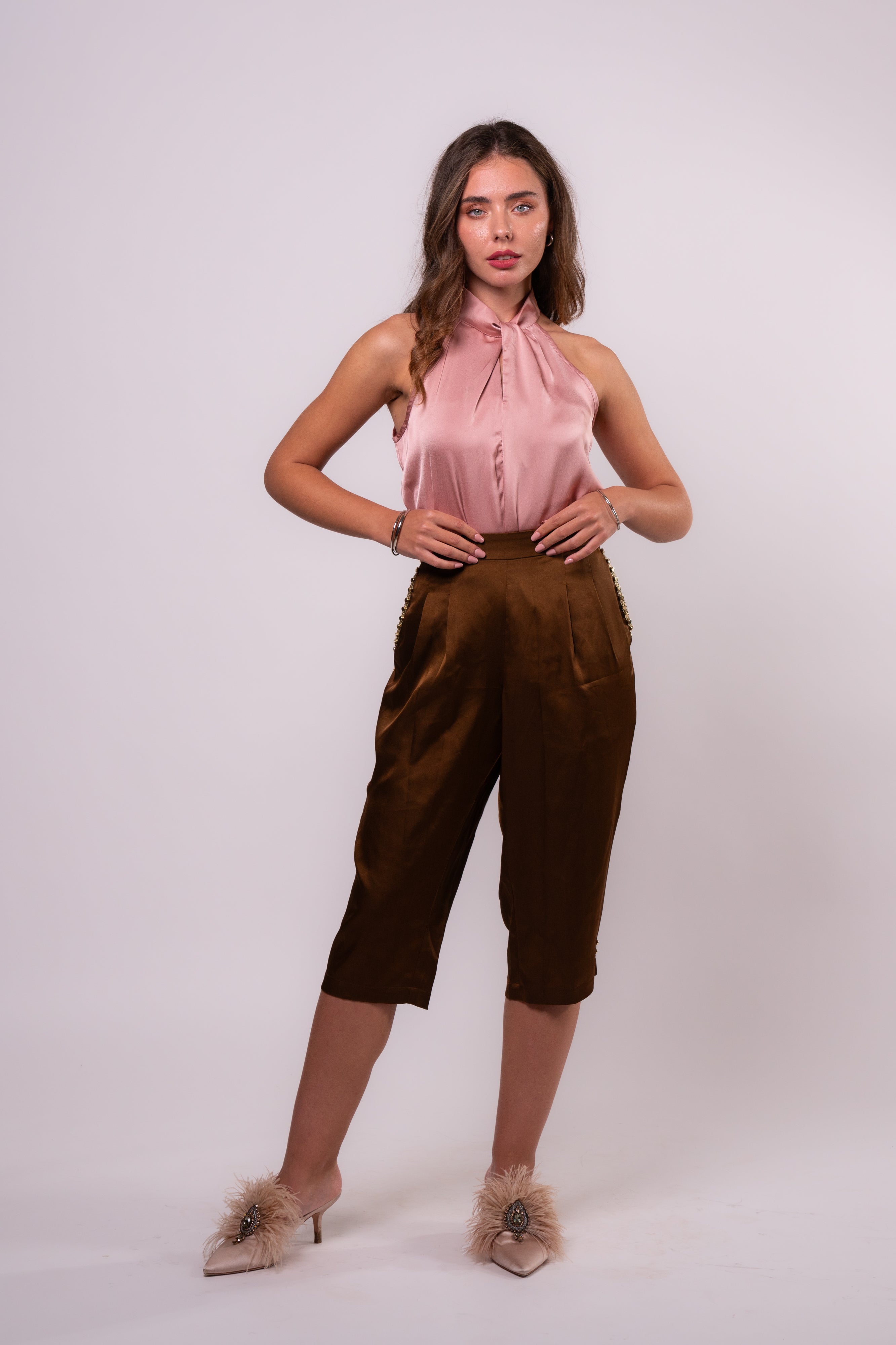 Brangio Italy Luxe Sapphire Chain-Embellished Satin Culottes-Coffee