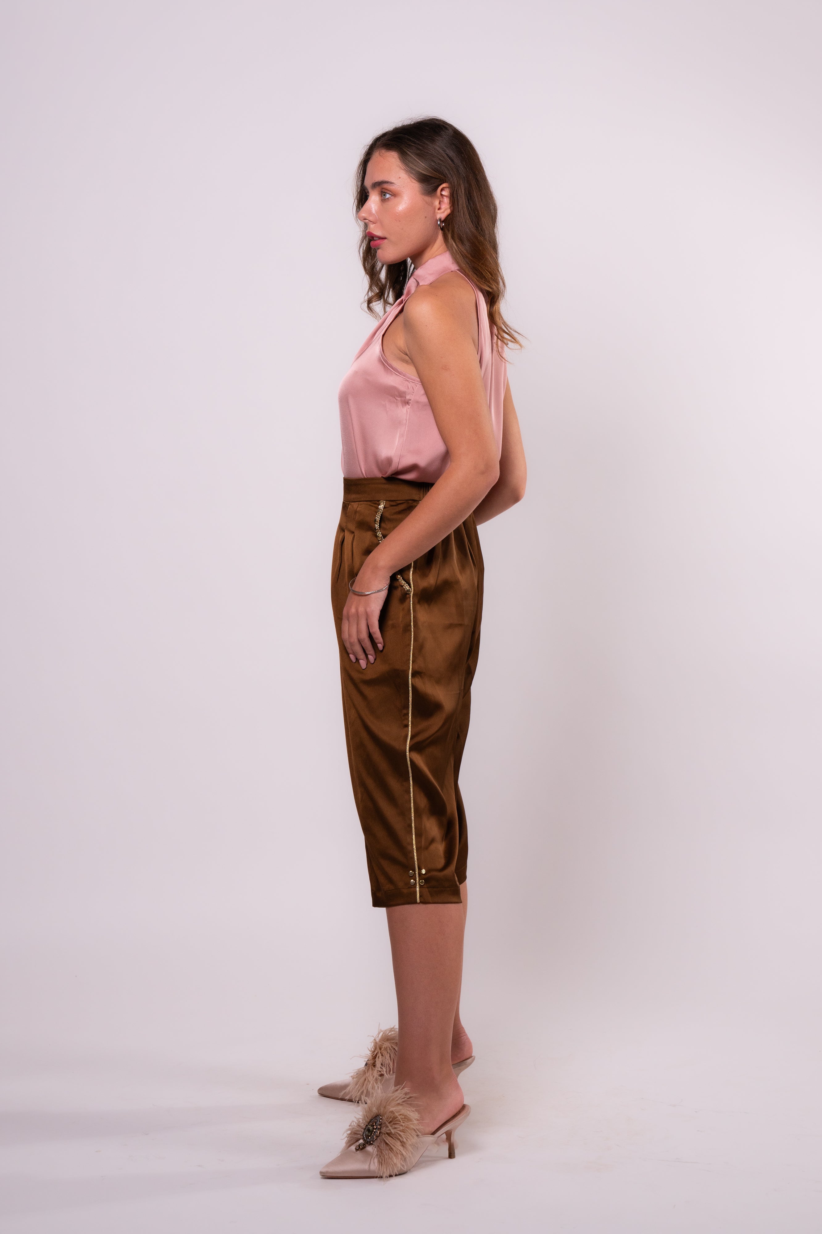 Brangio Italy Luxe Sapphire Chain-Embellished Satin Culottes-Coffee