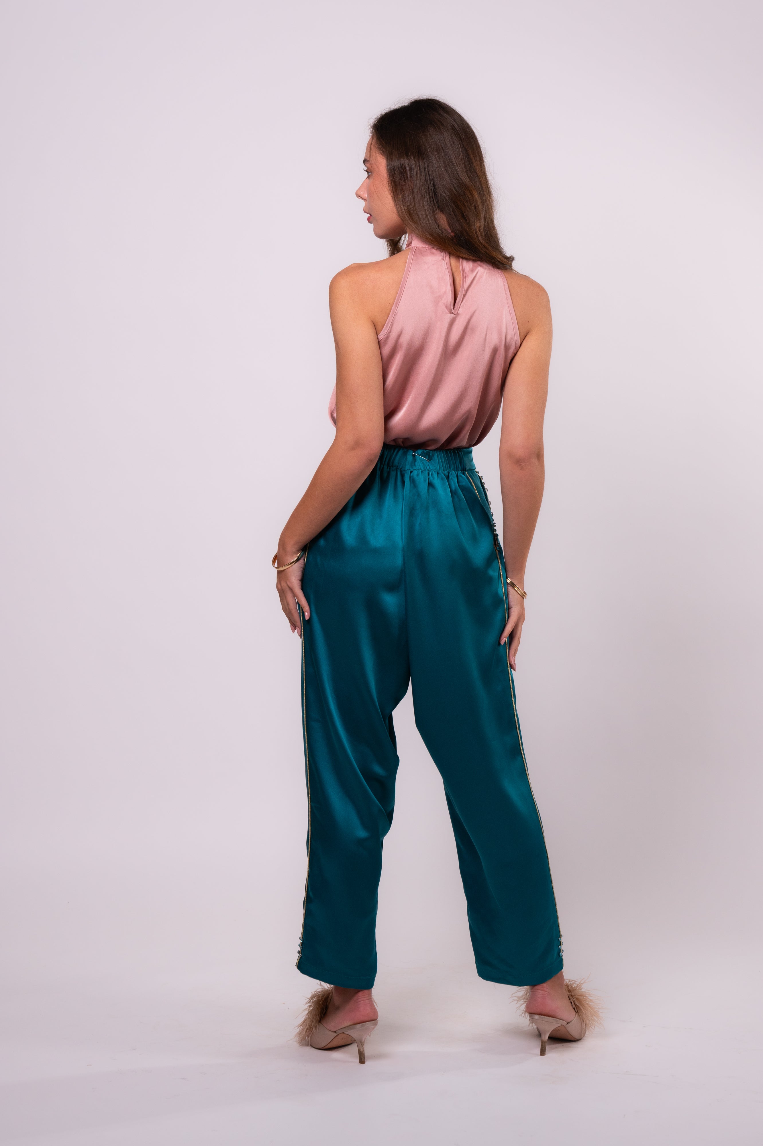 Brangio Italy Luxe Sapphire Chain-Embellished Satin Pants- Blue
