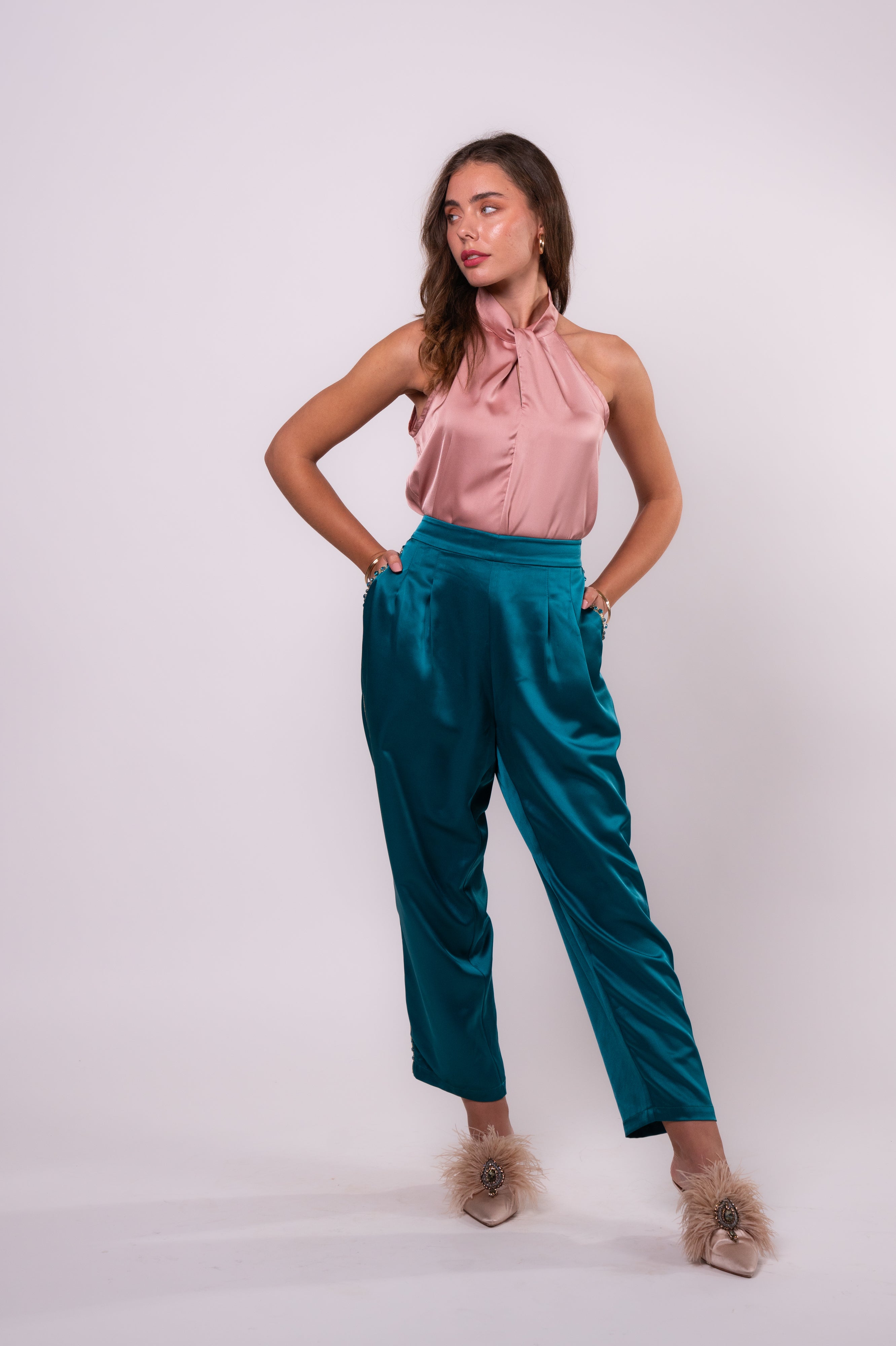 Brangio Italy Luxe Sapphire Chain-Embellished Satin Pants- Blue