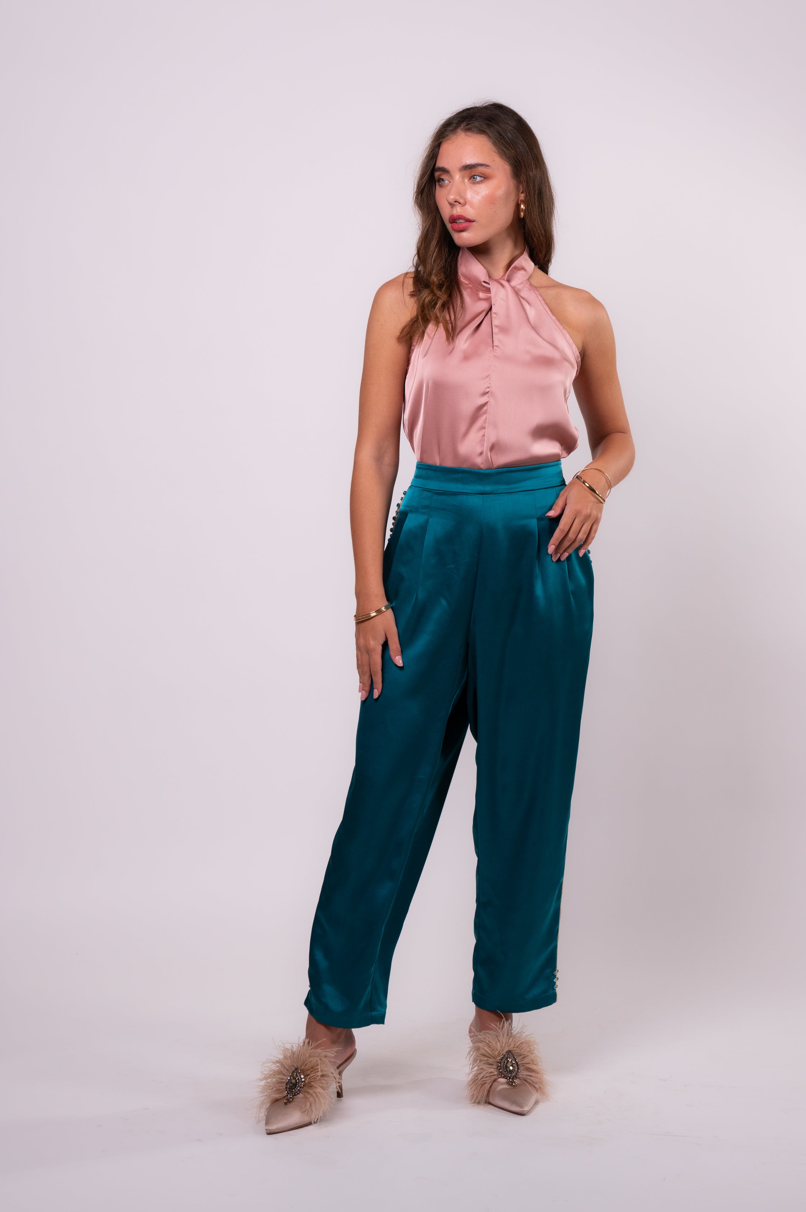 Brangio Italy Luxe Sapphire Chain-Embellished Satin Pants- Blue