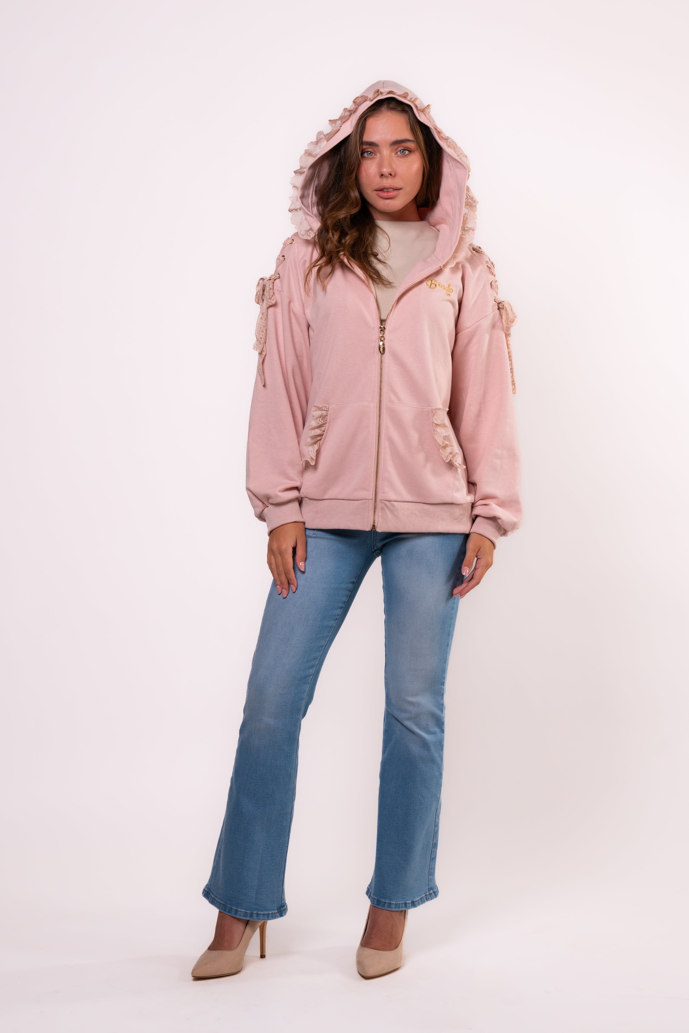 Brangio Italy Elegant Lace-Trimmed Hoodie Jacket - Pink