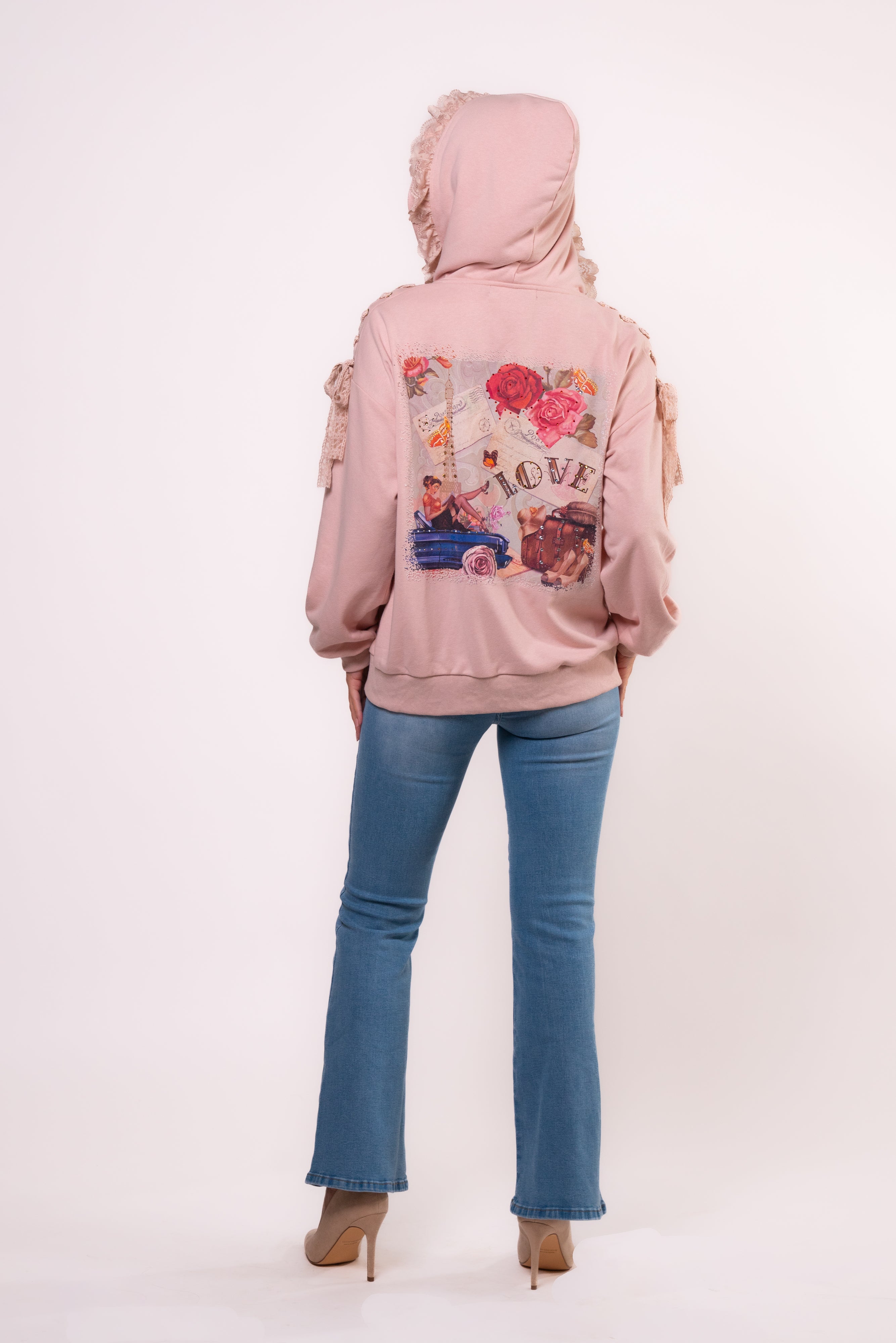Brangio Italy Elegant Lace-Trimmed Hoodie Jacket - Pink
