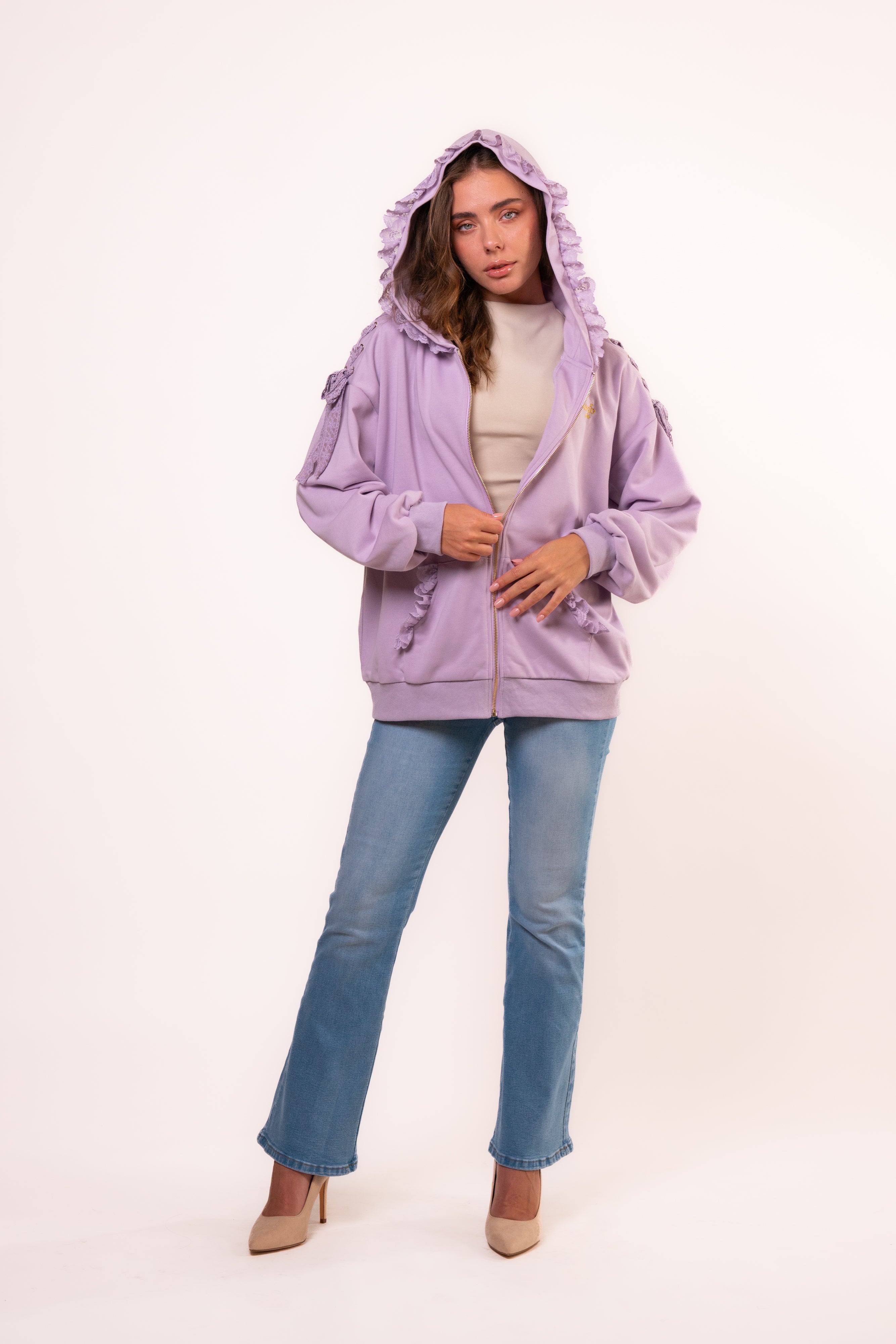 Brangio Italy Elegant Lace-Trimmed Hoodie Jacket - Light Purple