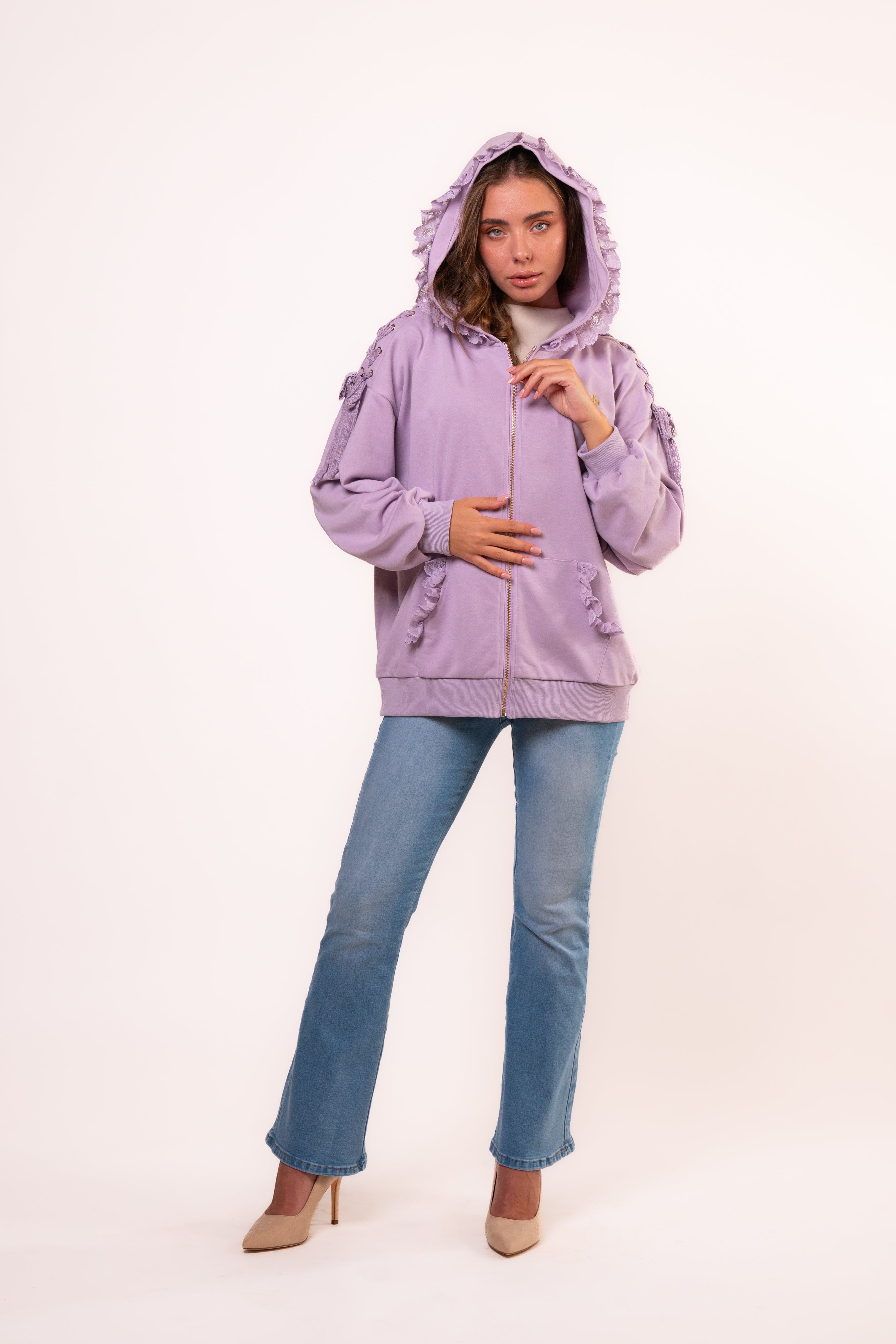 Brangio Italy Elegant Lace-Trimmed Hoodie Jacket - Light Purple