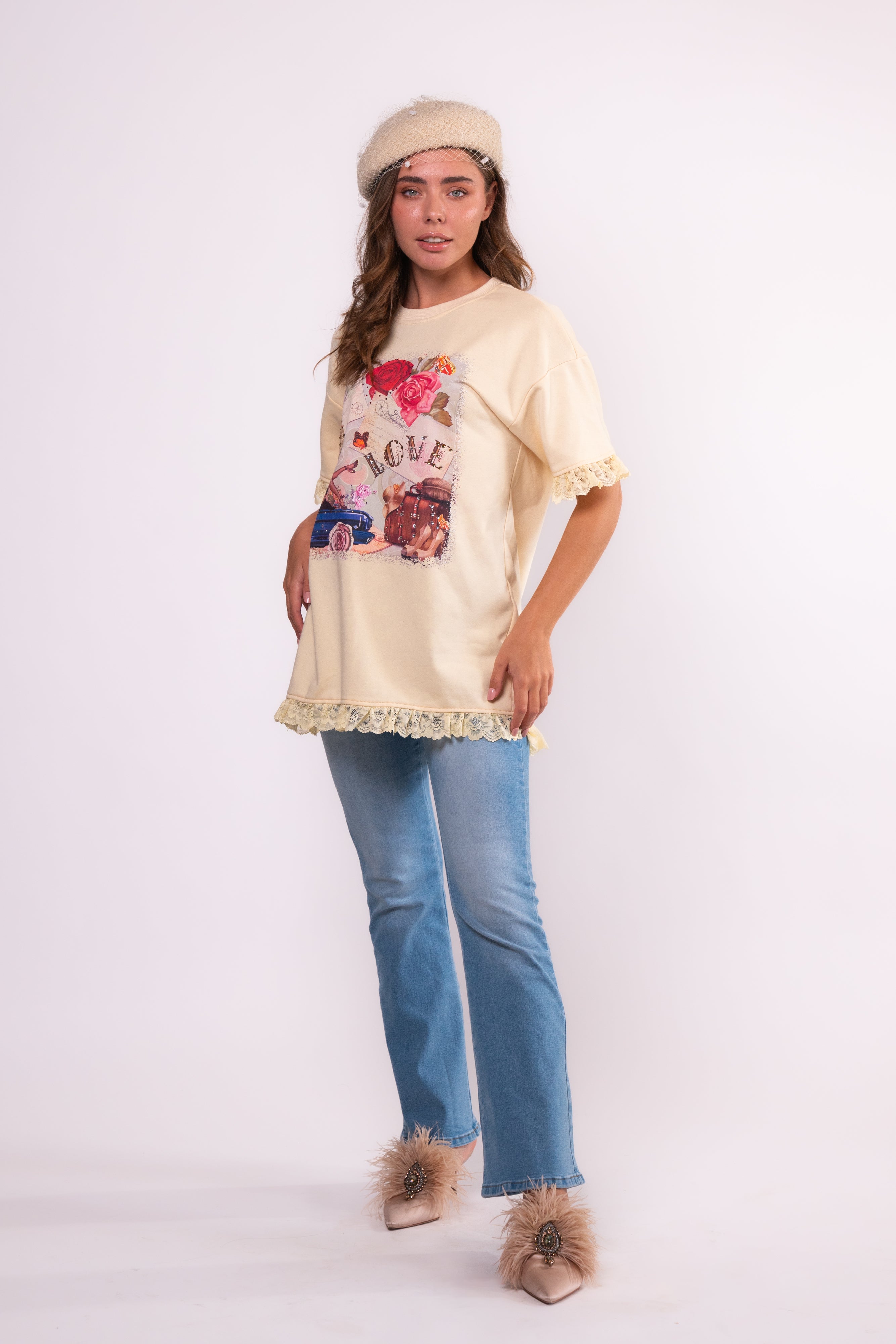 Brangio Parisian Love Lace-Trimmed Tee – Ivory