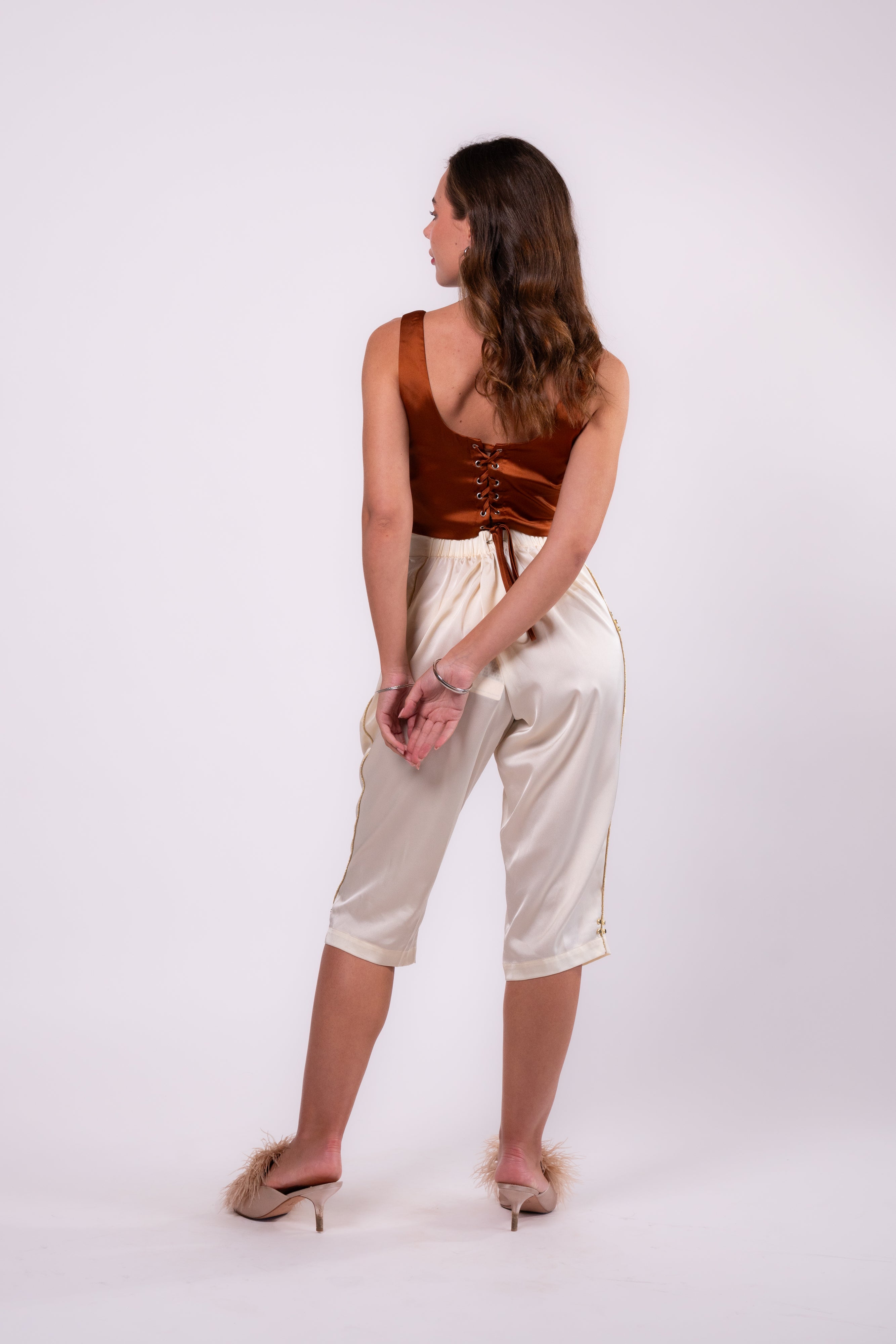 Brangio Italy Luxe Sapphire Chain-Embellished Satin Culottes-Pearl White