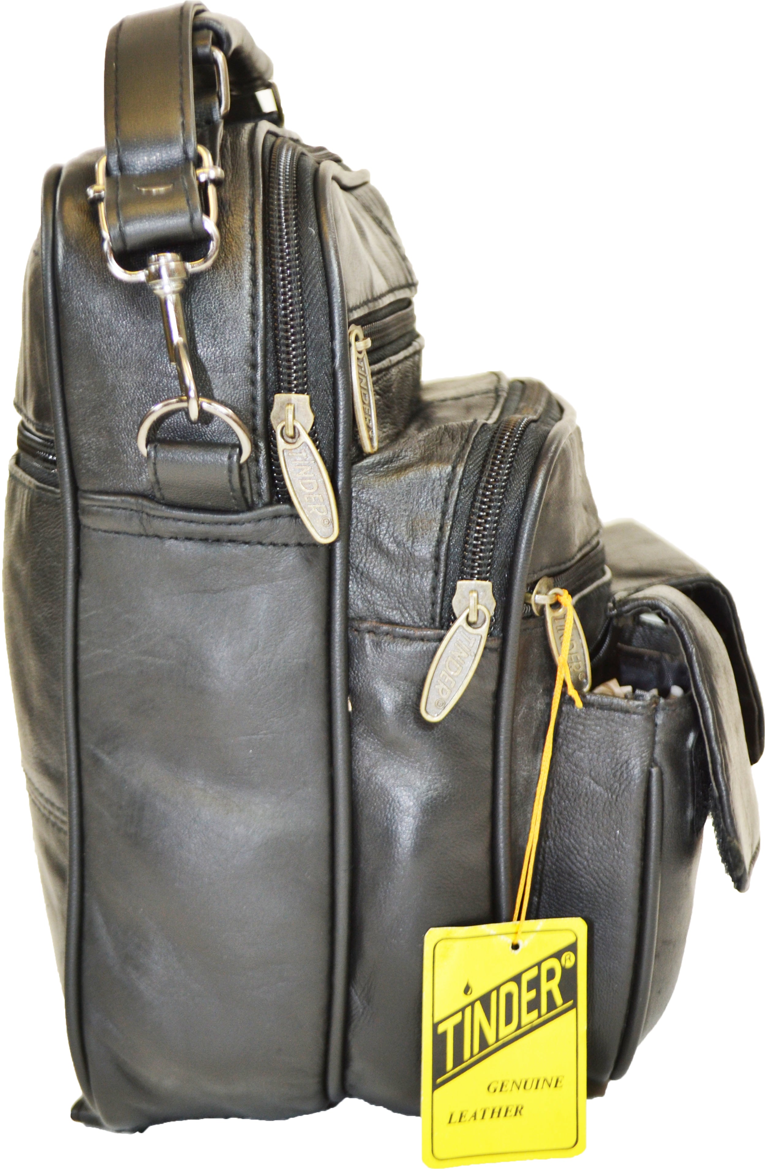 Unisex Tinder Genuine Leather Black Multi Pocket Crossbody Bag Travel Organizer Shoulder Bag