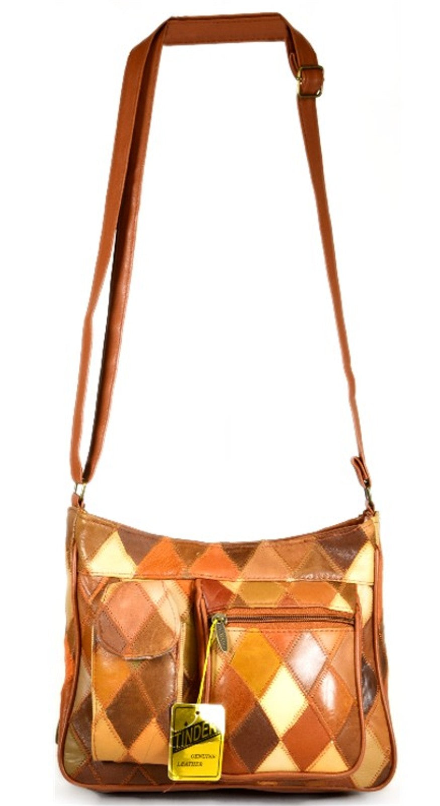 Tinder Genuine Leather Brown Patchwork Crossbody Bag Multi Pocket Shoulder Purse for Unisex