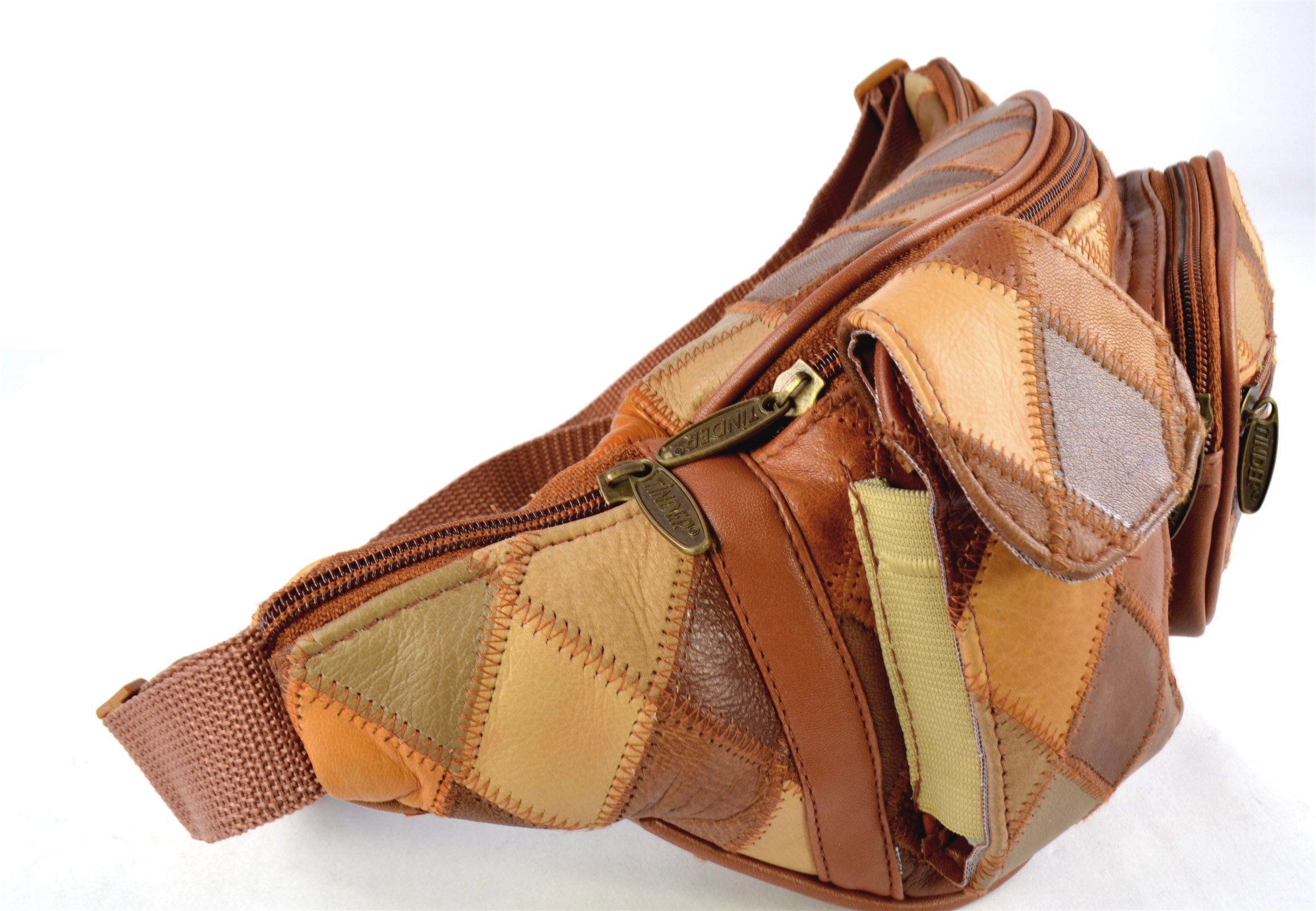 Genuine Leather Brown Patchwork Waist Bag, Multi Pocket Fanny Pack, Adjustable Belt Bag for Men or Women