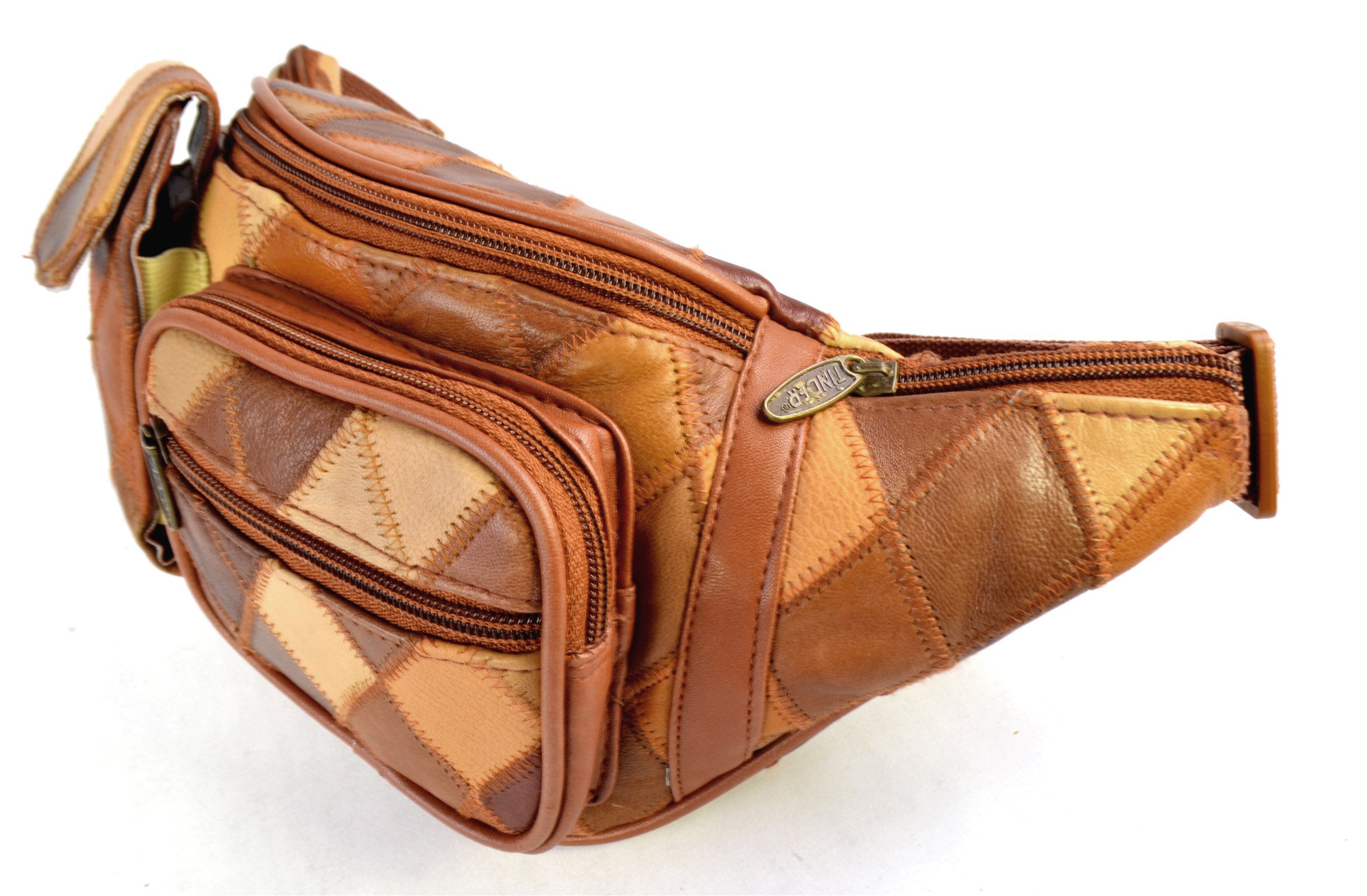 Genuine Leather Brown Patchwork Waist Bag, Multi Pocket Fanny Pack, Adjustable Belt Bag for Men or Women