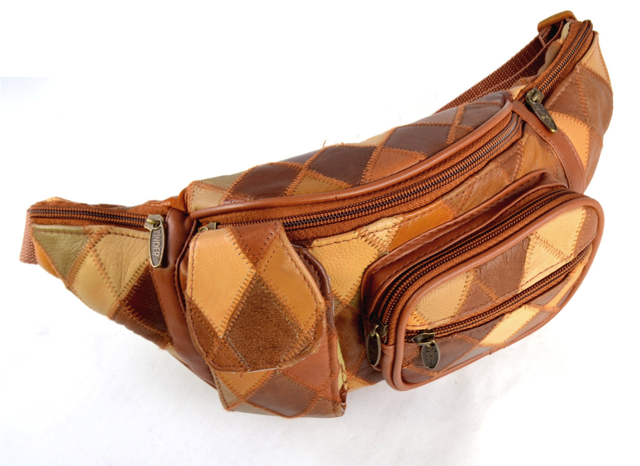 Genuine Leather Brown Patchwork Waist Bag, Multi Pocket Fanny Pack, Adjustable Belt Bag for Men or Women