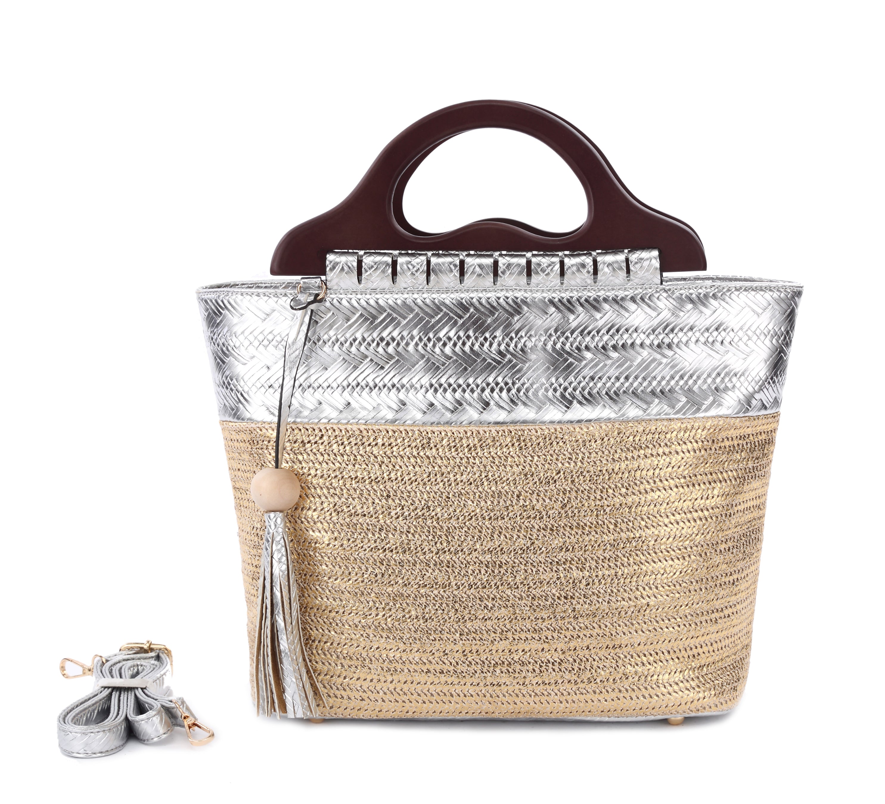 Originally Designed Handmade Woven Straw Tote Bag, Silver Top Handle Beach Purse, Summer Shoulder Handbag for Women
