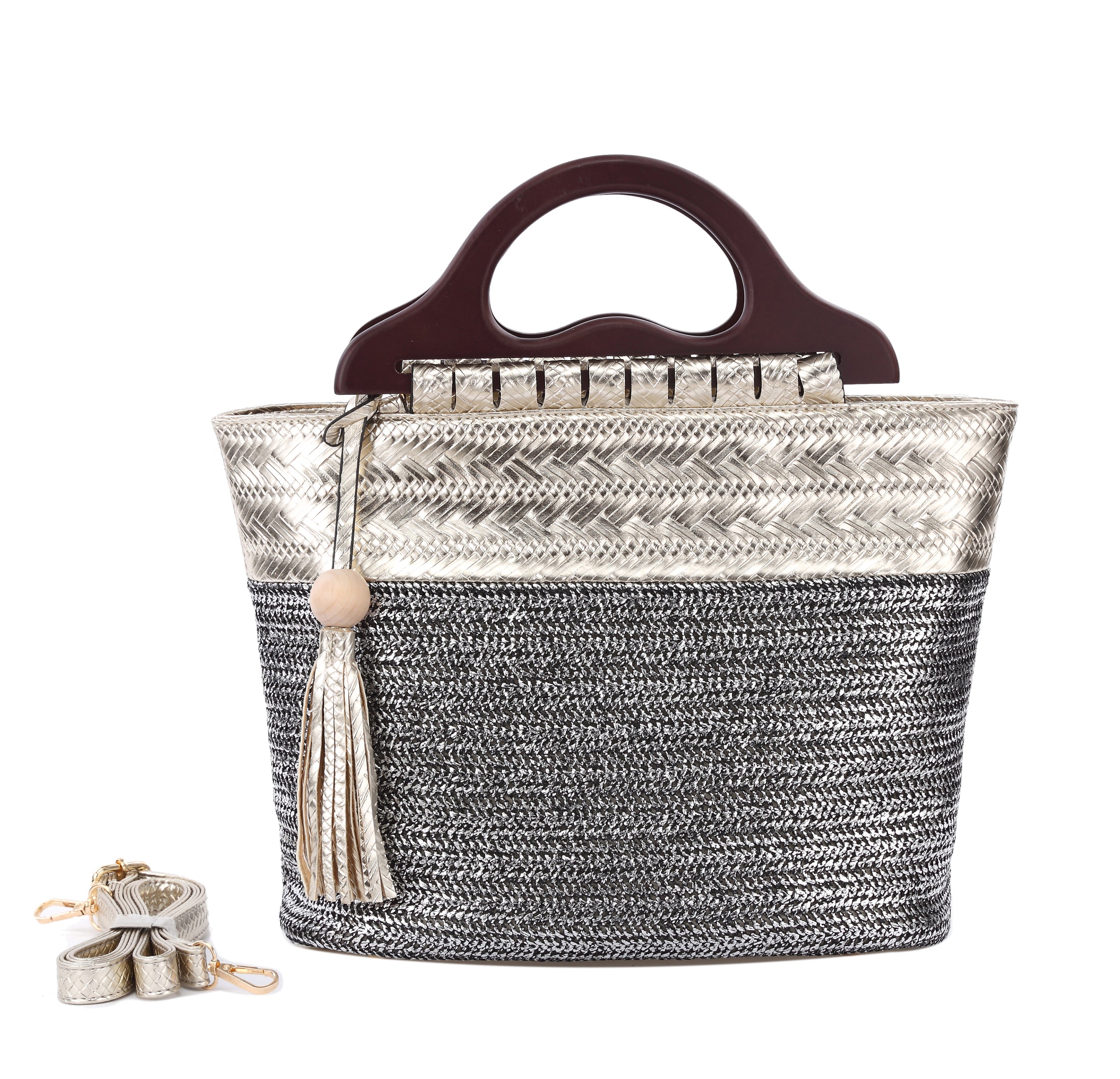 Originally Designed Handmade Woven Straw Tote Bag, Silver Top Handle Beach Purse, Summer Shoulder Handbag for Women