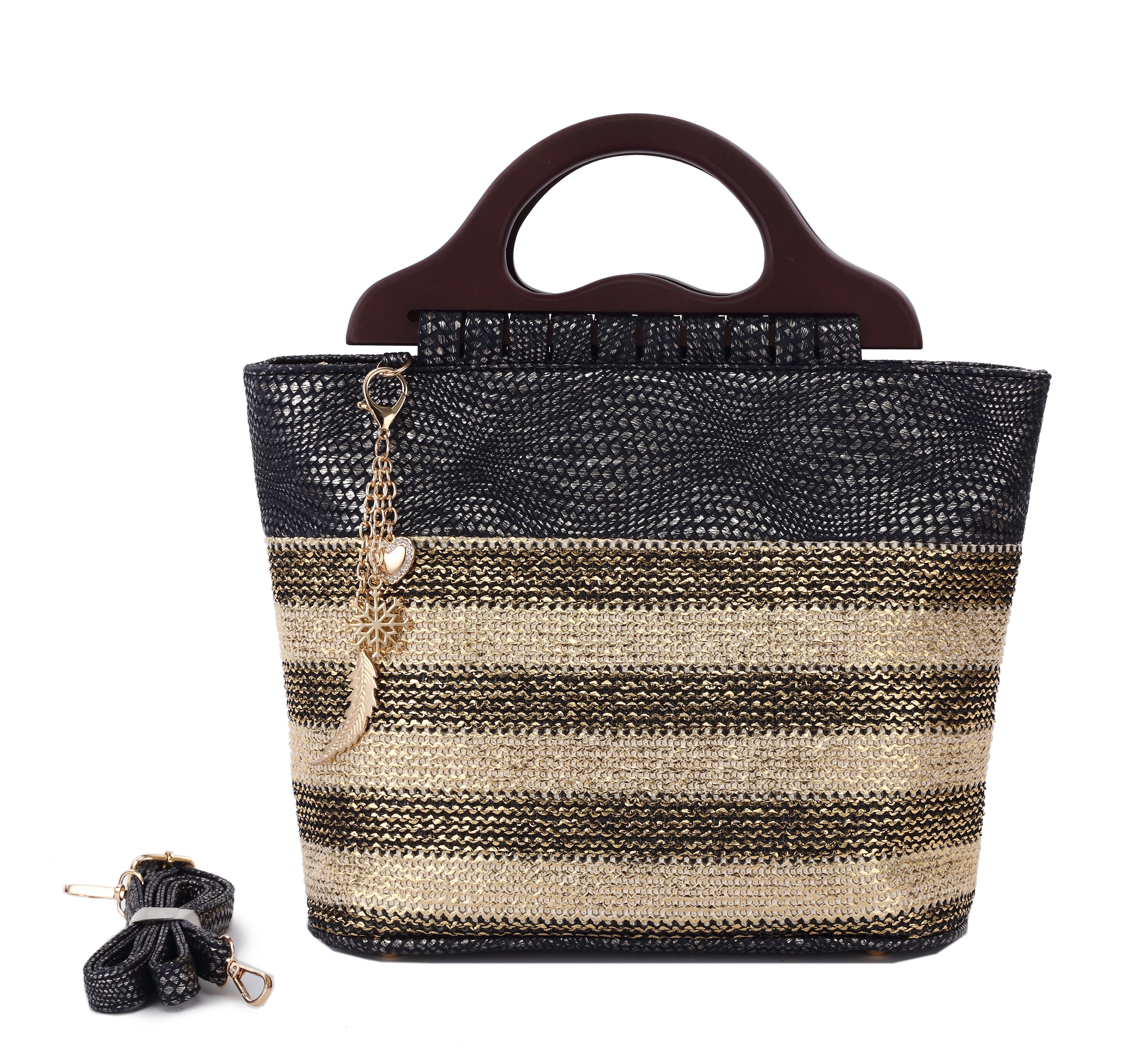 Originally Designed Handmade Woven Straw Tote Bag, Black Gold Top Handle Beach Purse, Summer Shoulder Handbag for Women
