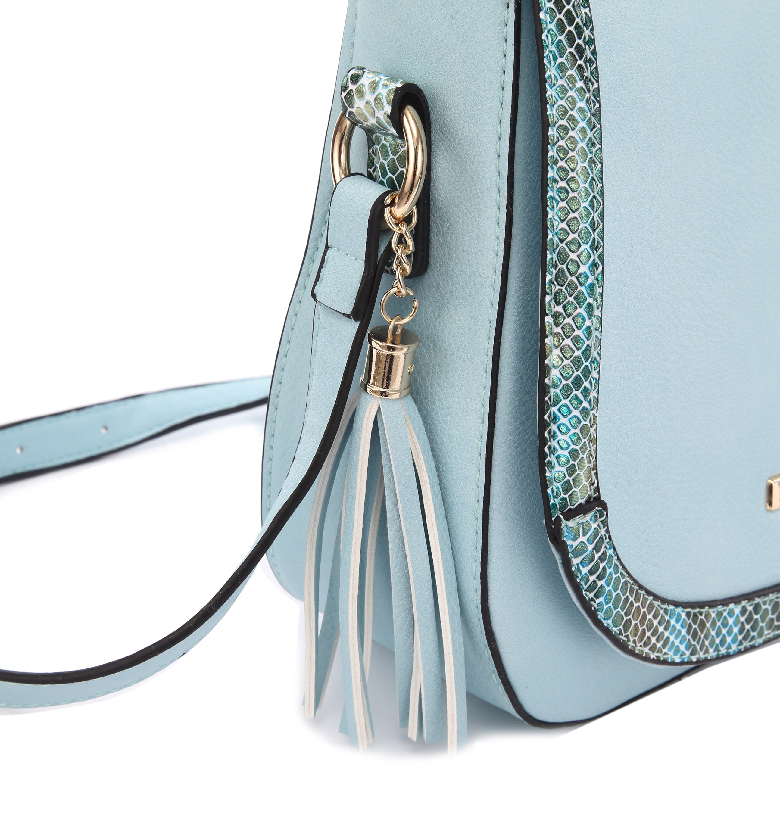 Originally Designed Handmade Crossbody Bag, Light Blue Vegan Leather Shoulder Purse, Tassel Flap Handbag for Women