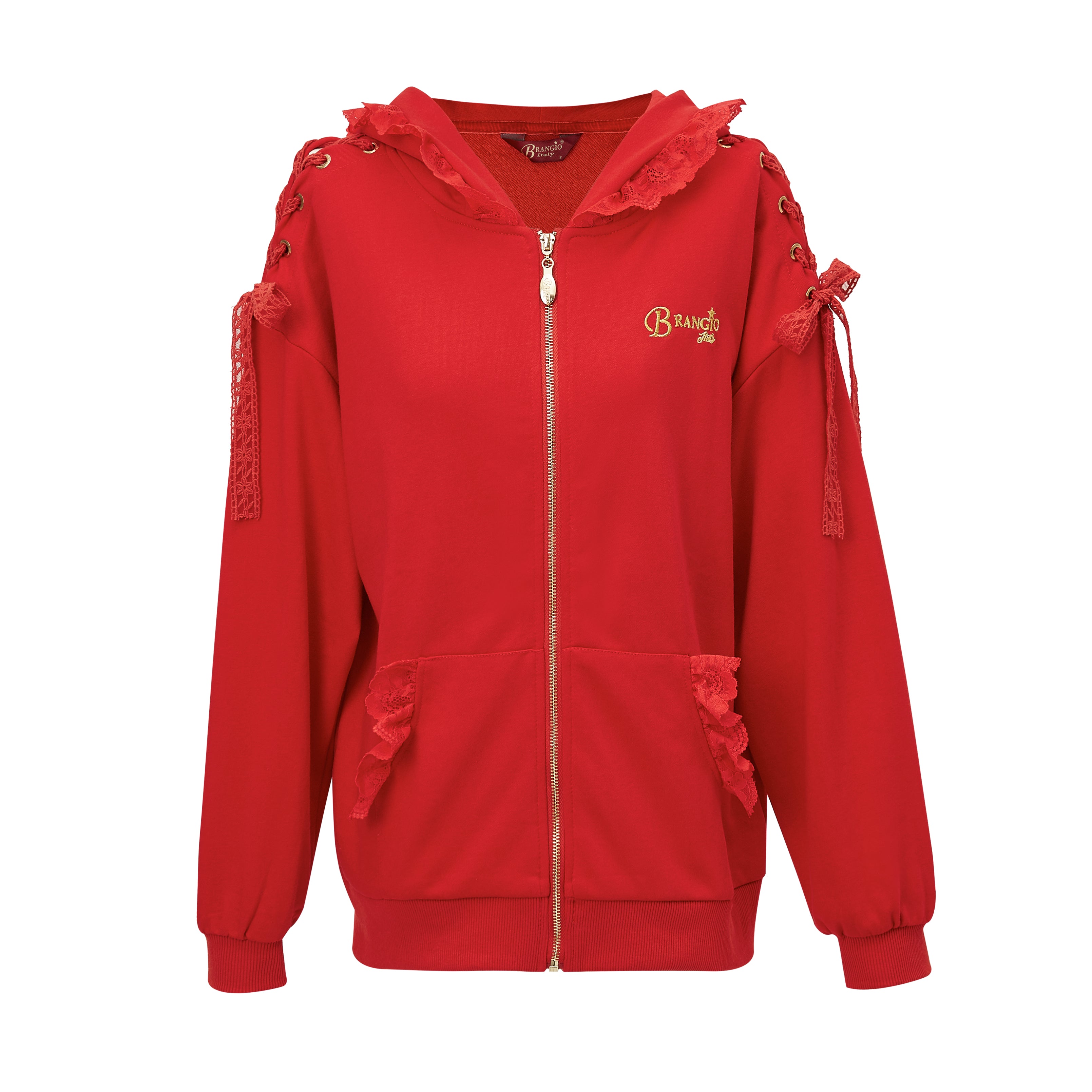 Brangio Italy Elegant Lace-Trimmed Hoodie Jacket - Red