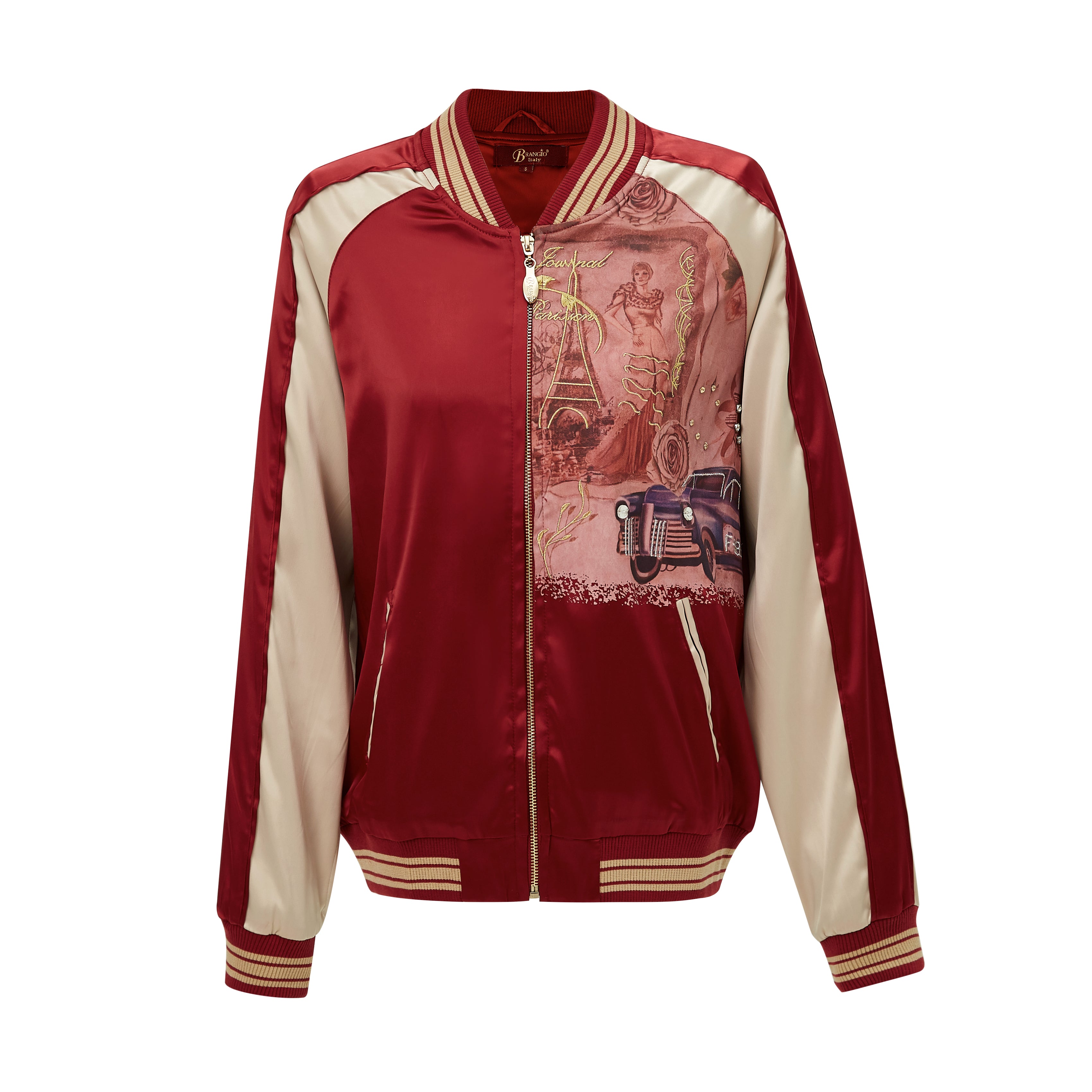Brangio Italy Vintage Bomber Jacket with Floral Embroidery - Burgundy