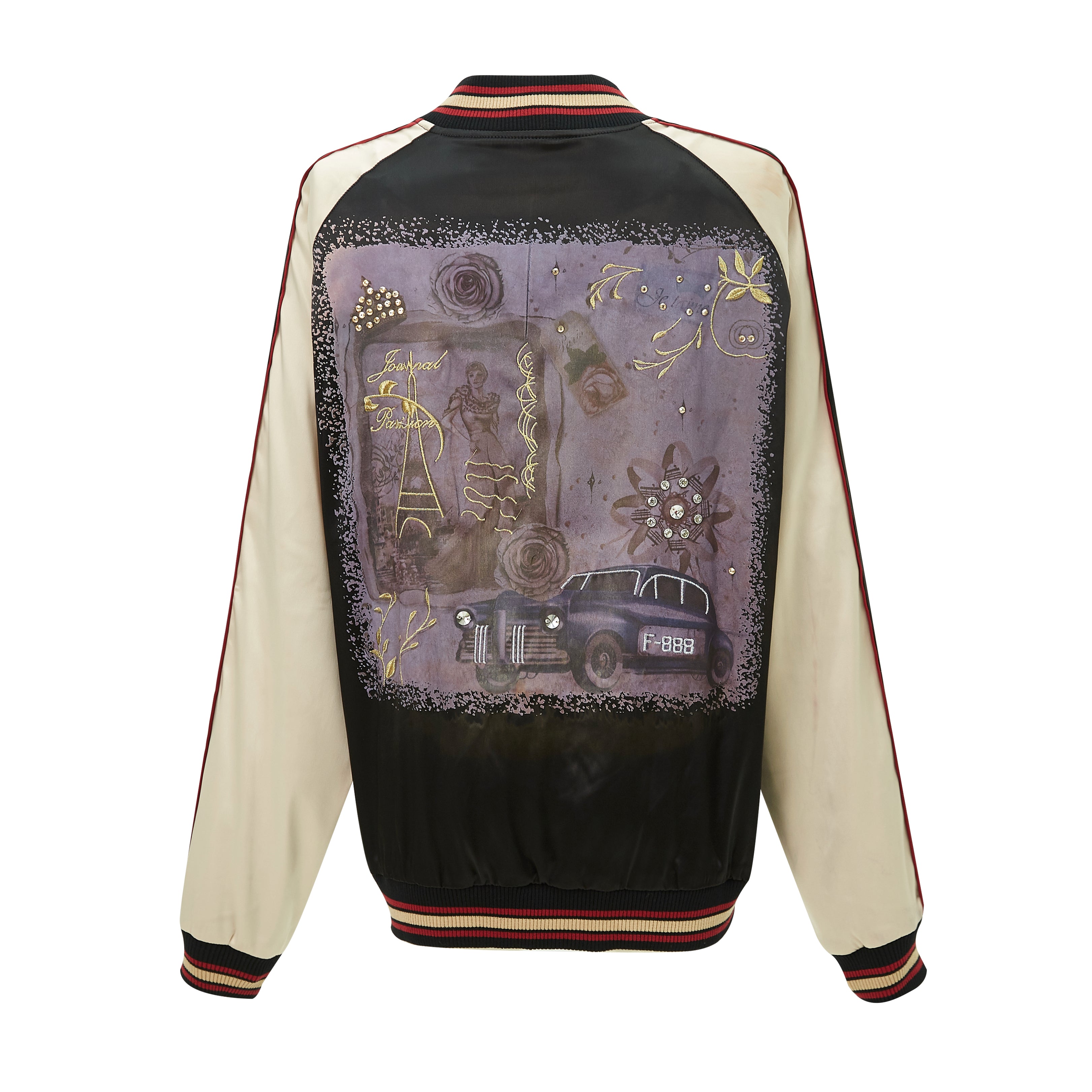Brangio Italy Vintage Bomber Jacket with Floral Embroidery - Black