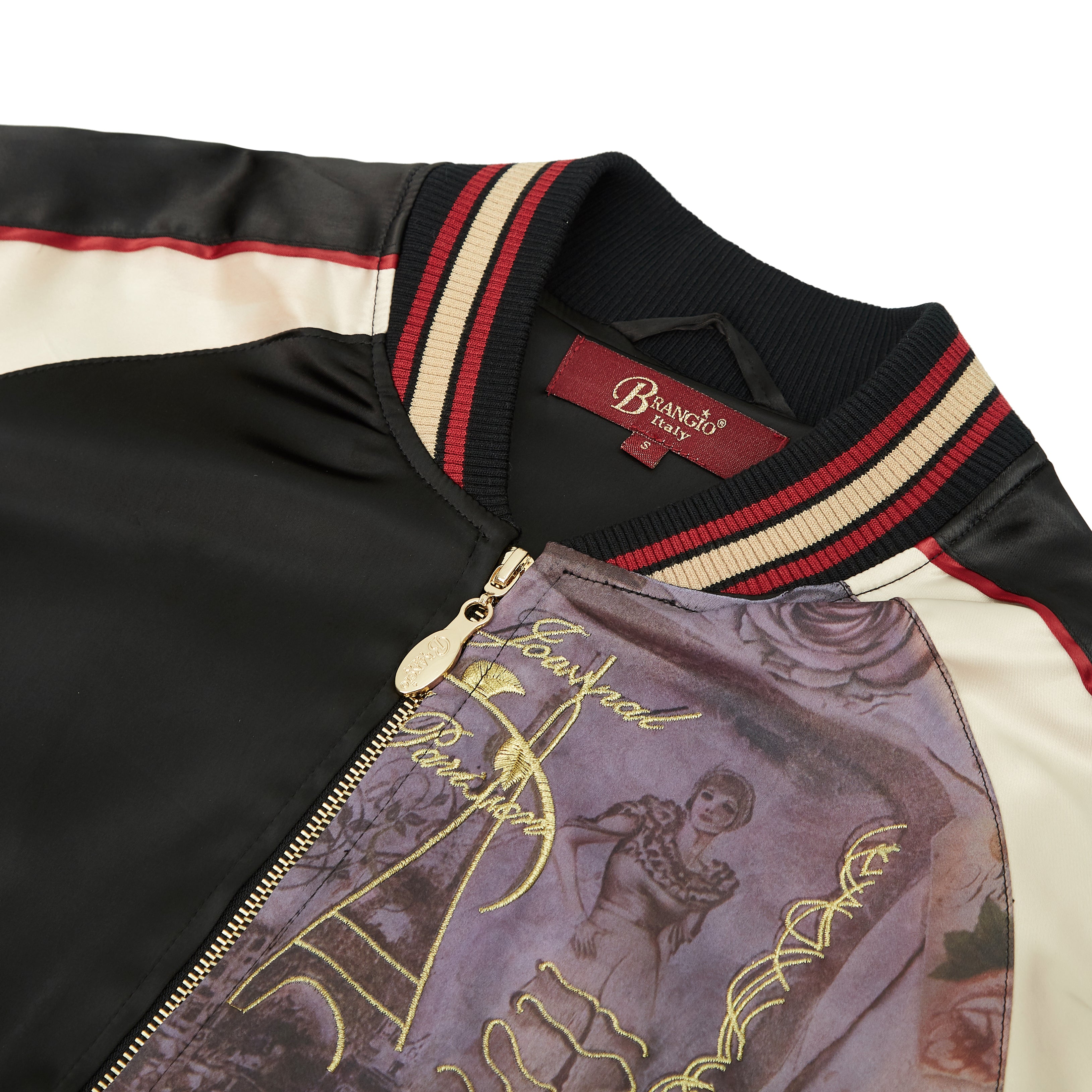 Brangio Italy Vintage Bomber Jacket with Floral Embroidery - Black
