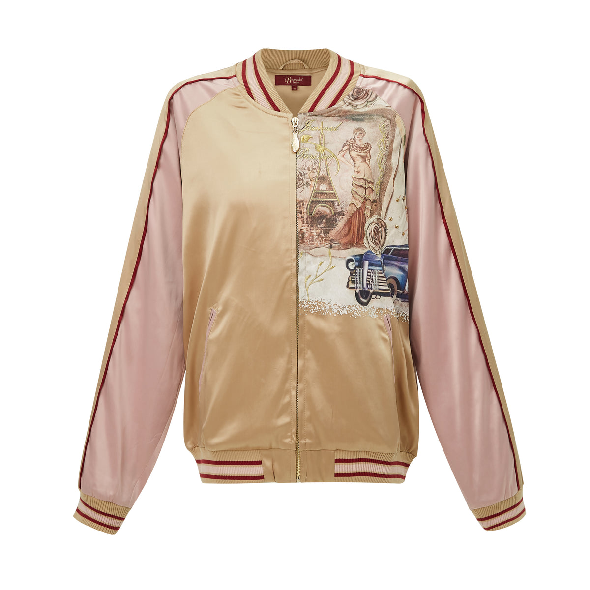 Brangio Italy Vintage Bomber Jacket with Floral Embroidery - Pink