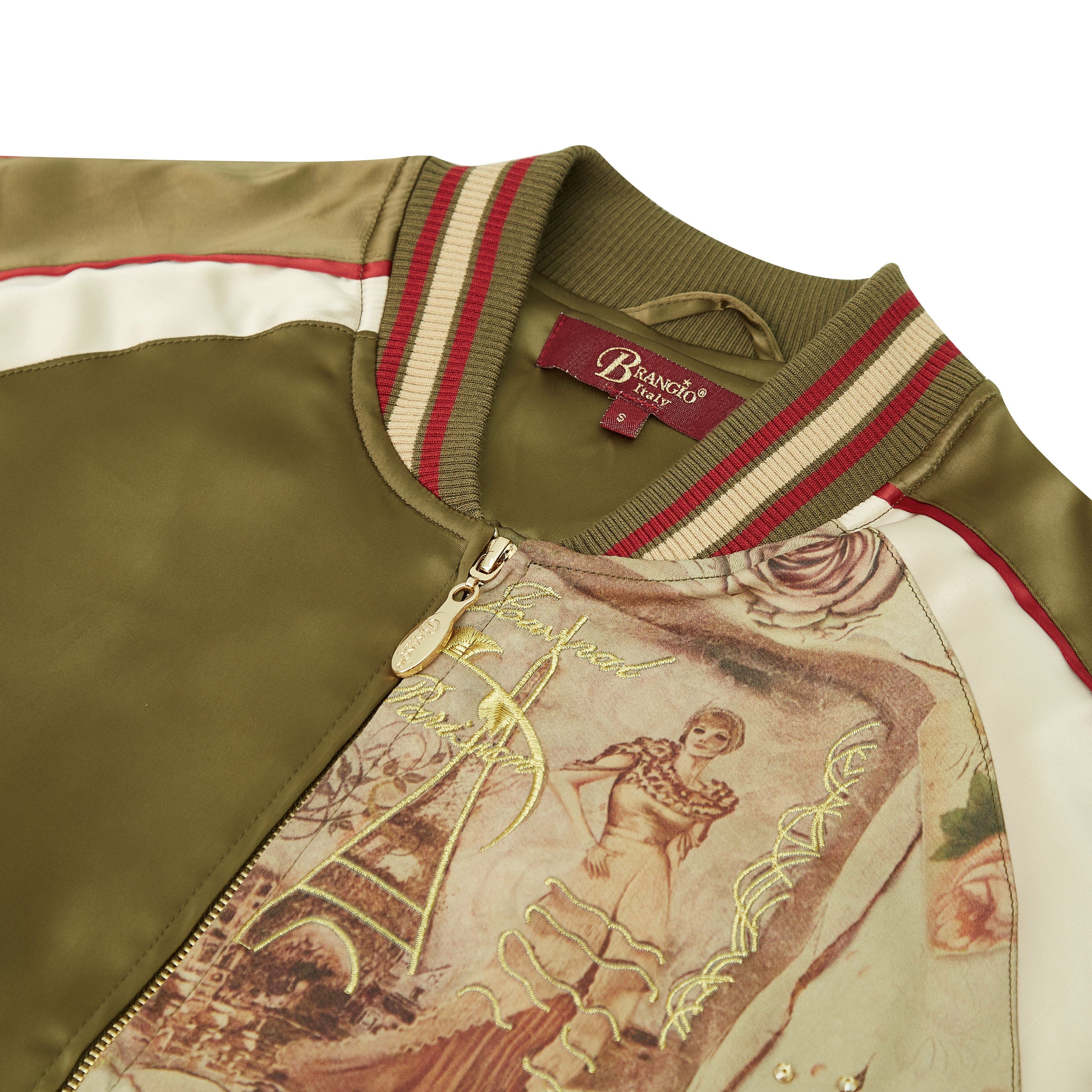 Brangio Italy Vintage Bomber Jacket with Floral Embroidery - Green