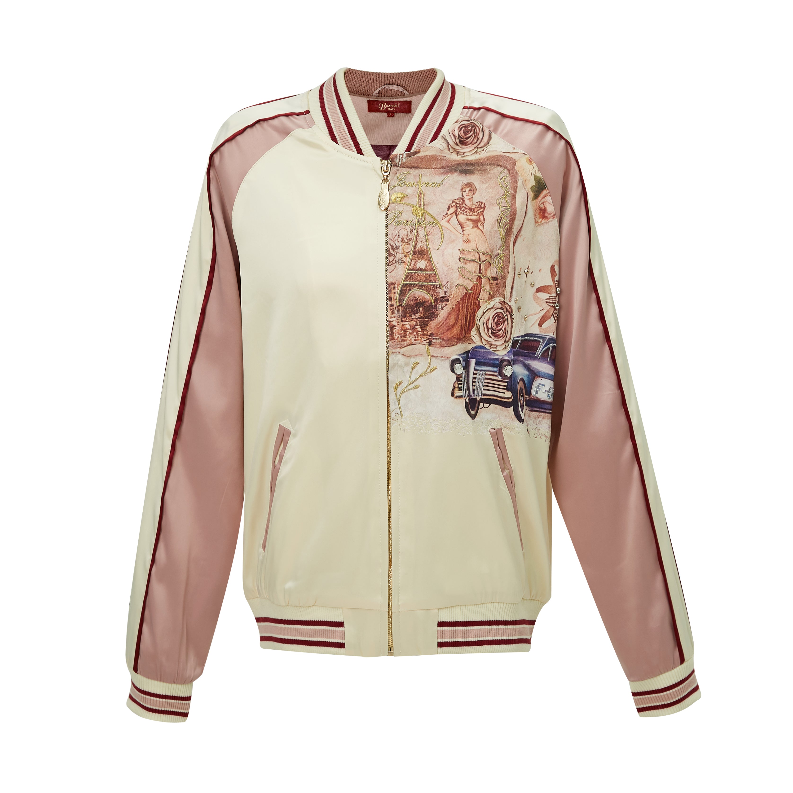 Brangio Italy Vintage Bomber Jacket with Floral Embroidery - Pearl White