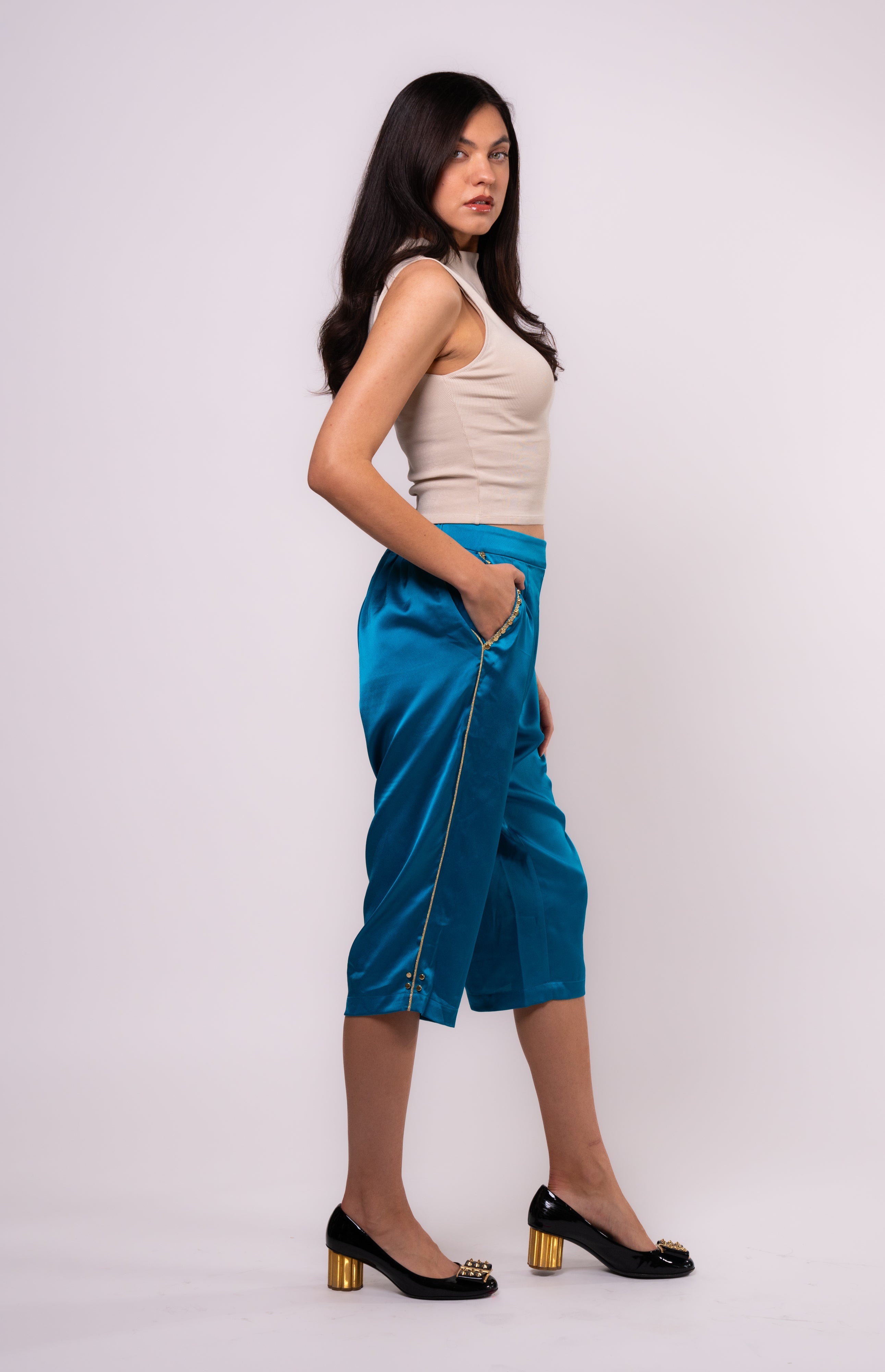 Brangio Luxe Sapphire Chain-Embellished Satin Culottes