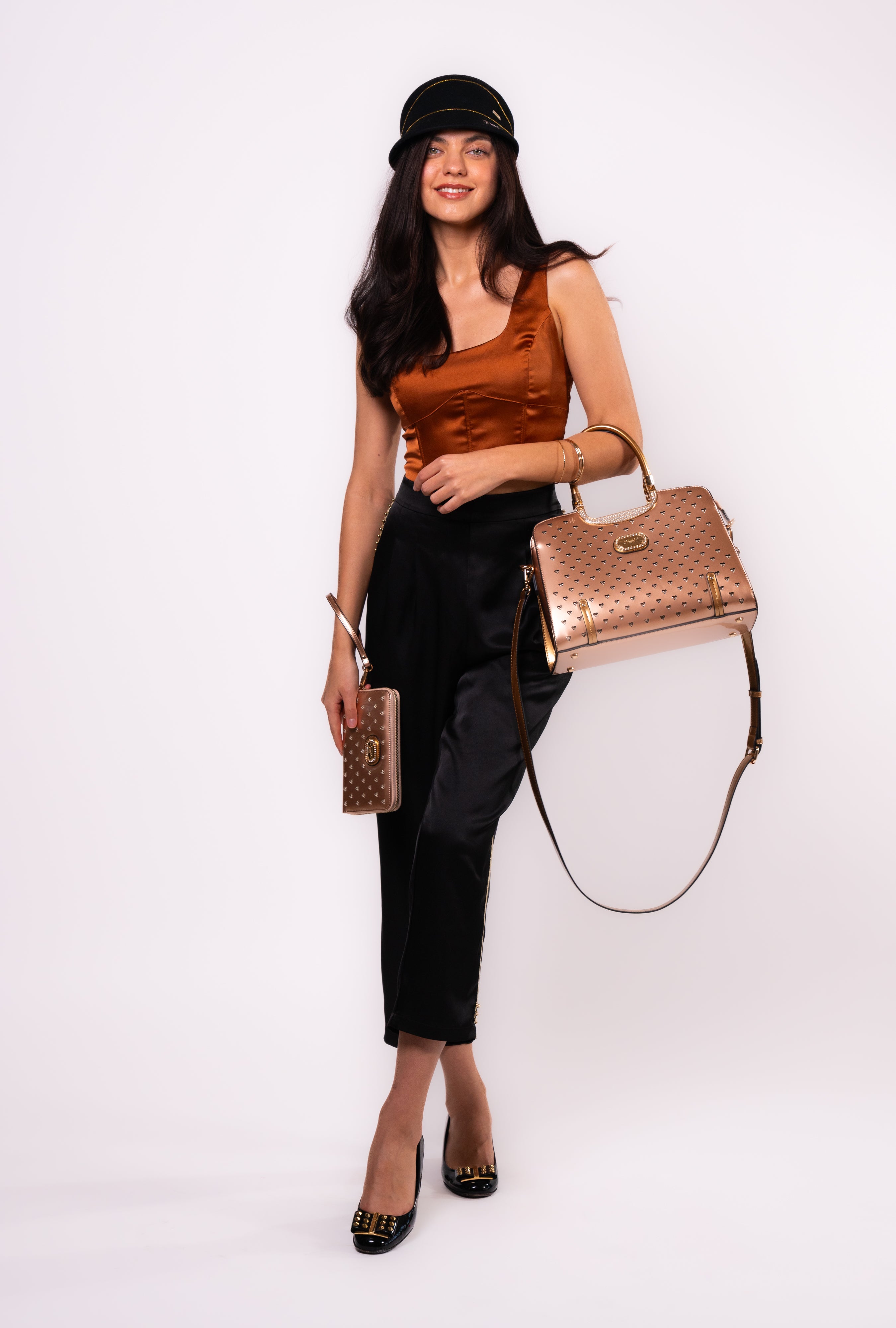 Brangio Glossy Handbag with Floral Accent