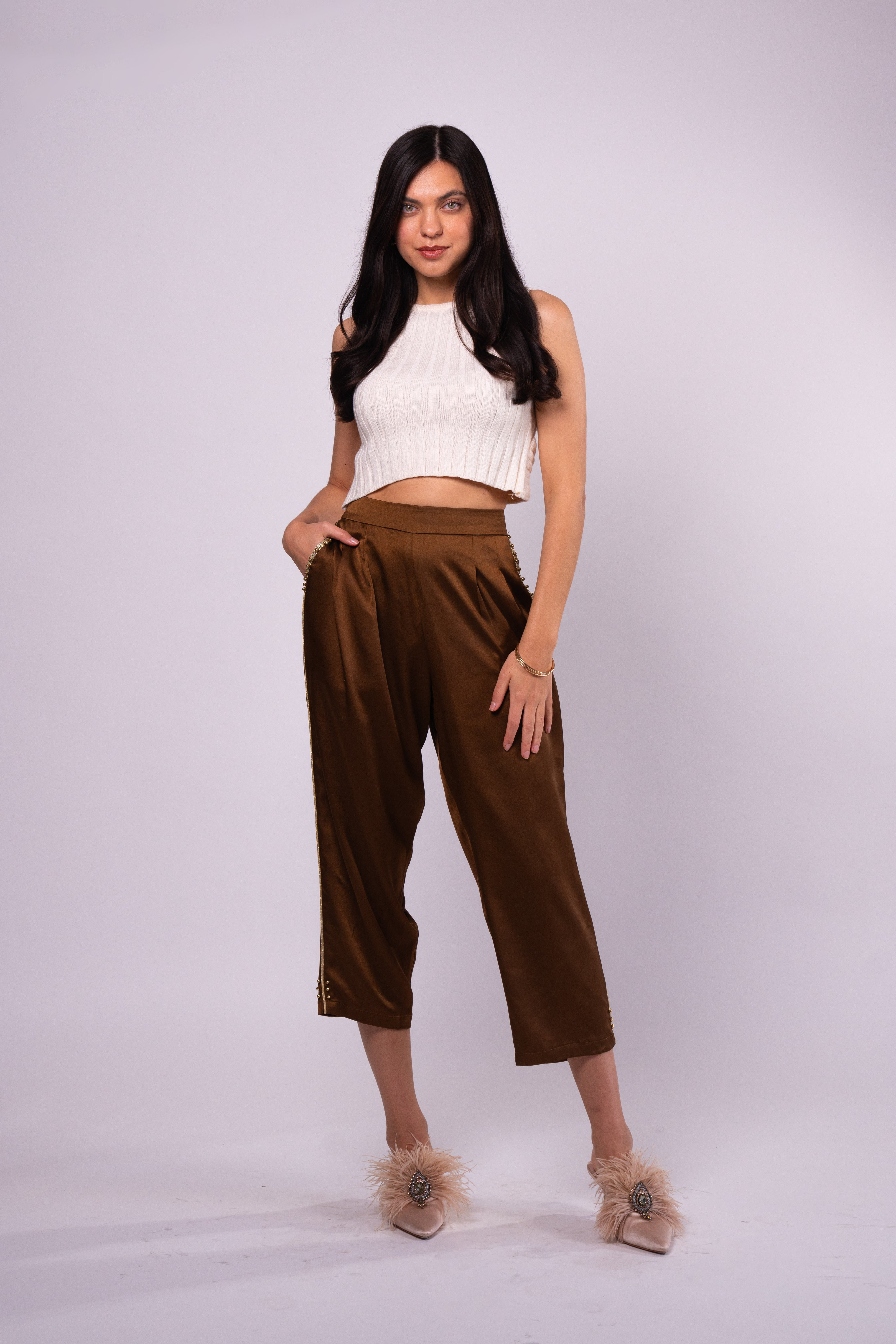 Brangio Italy Luxe Sapphire Chain-Embellished Satin Pants- Coffee