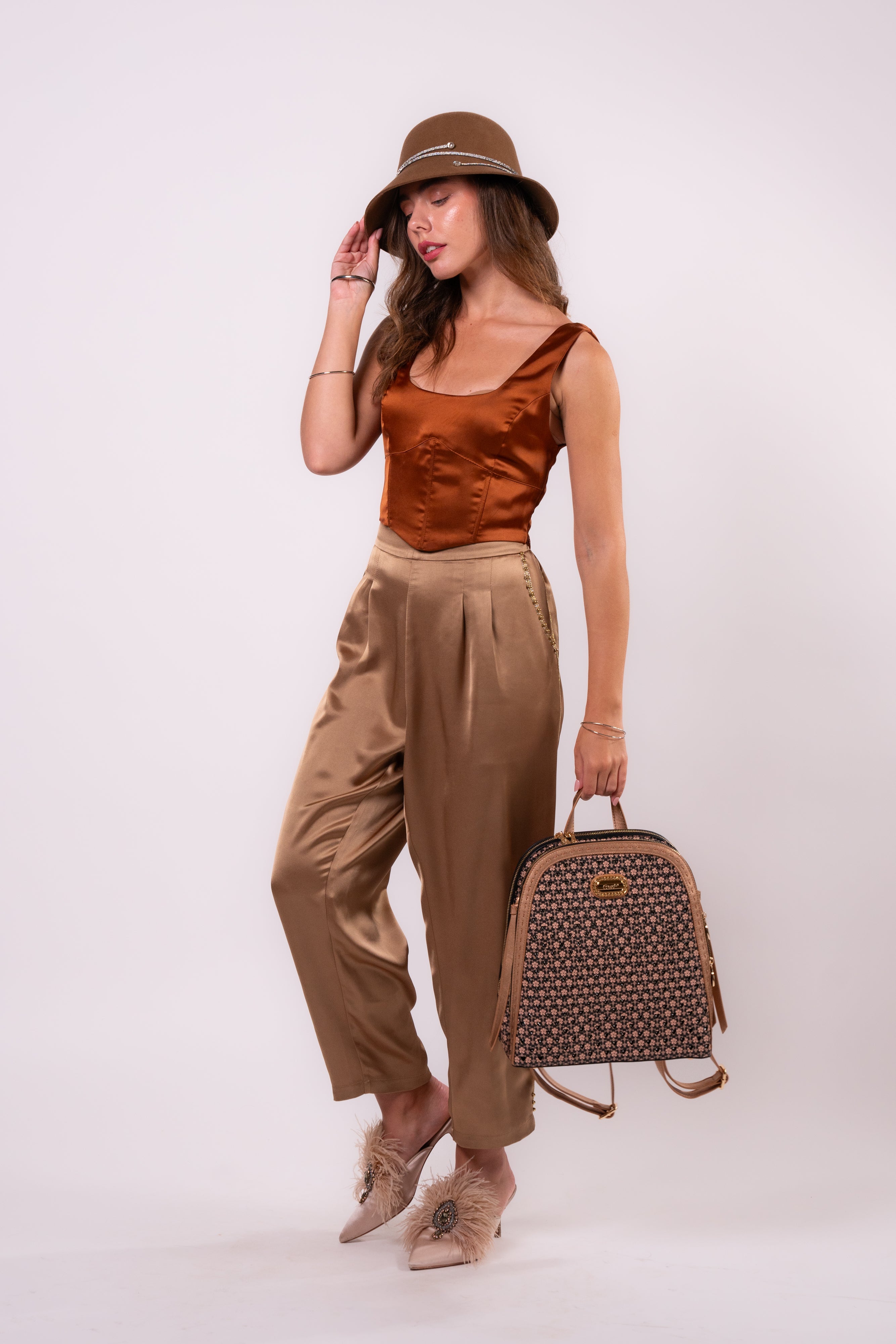 Brangio Italy Luxe Sapphire Chain-Embellished Satin Pants- Gold