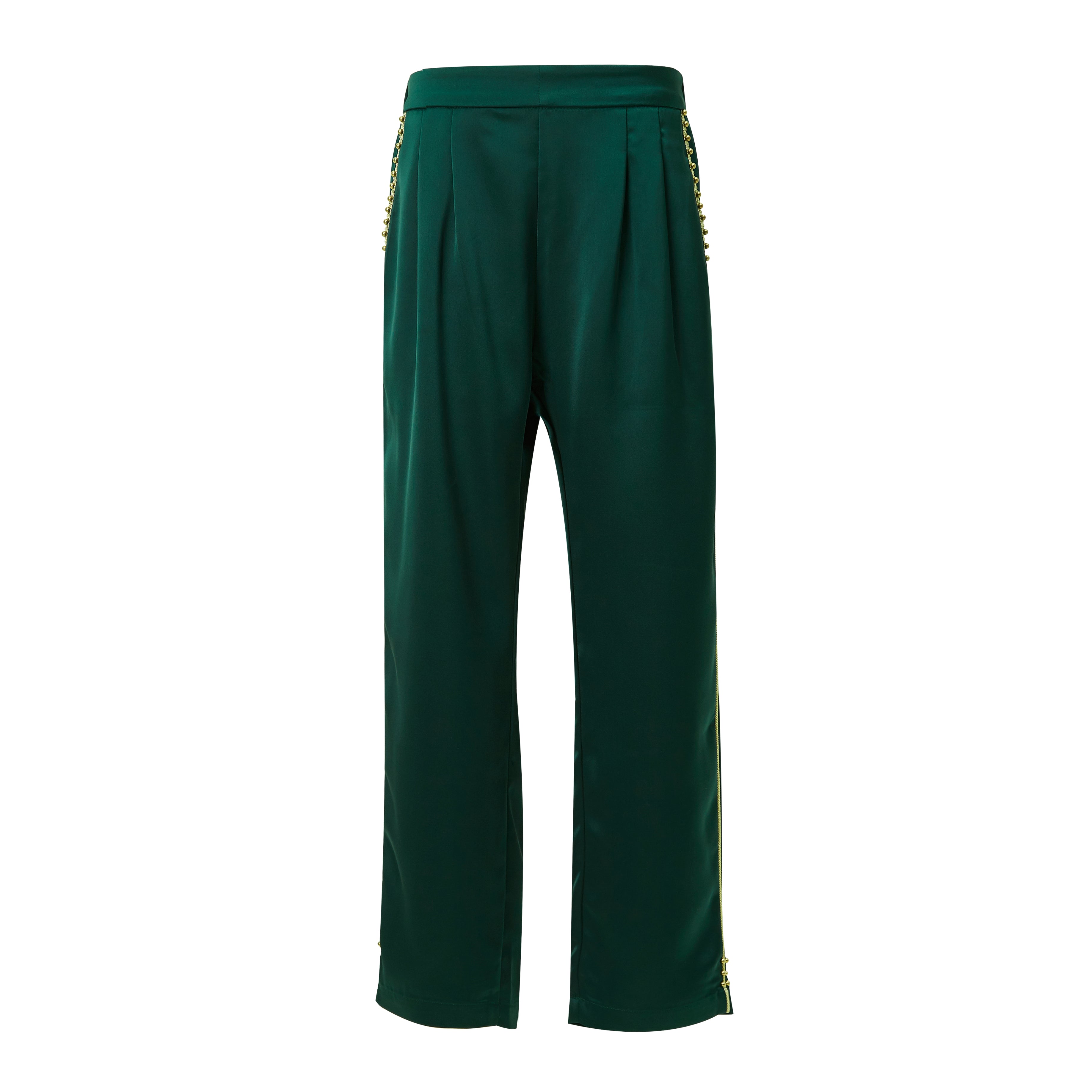 Brangio Italy Luxe Sapphire Chain-Embellished Satin Pants- Green
