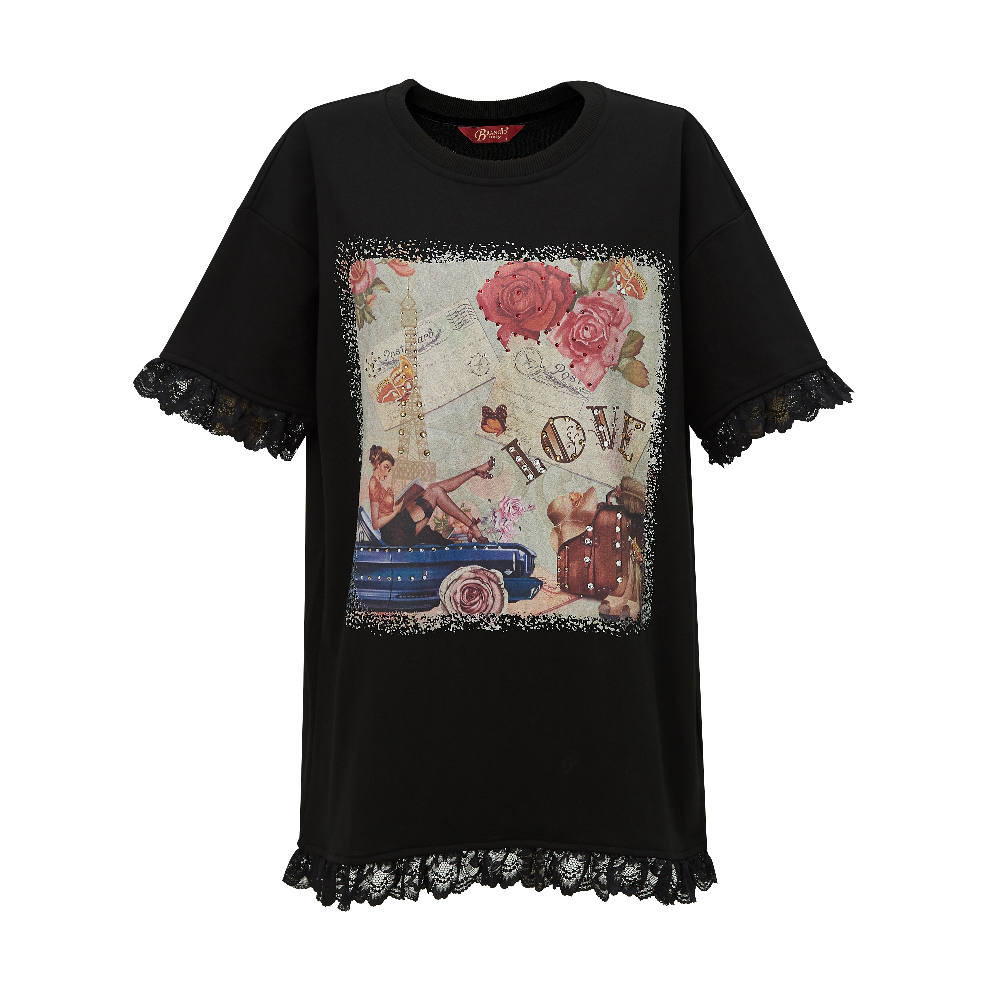 Brangio Parisian Chic Lace-Trimmed Tee – Black