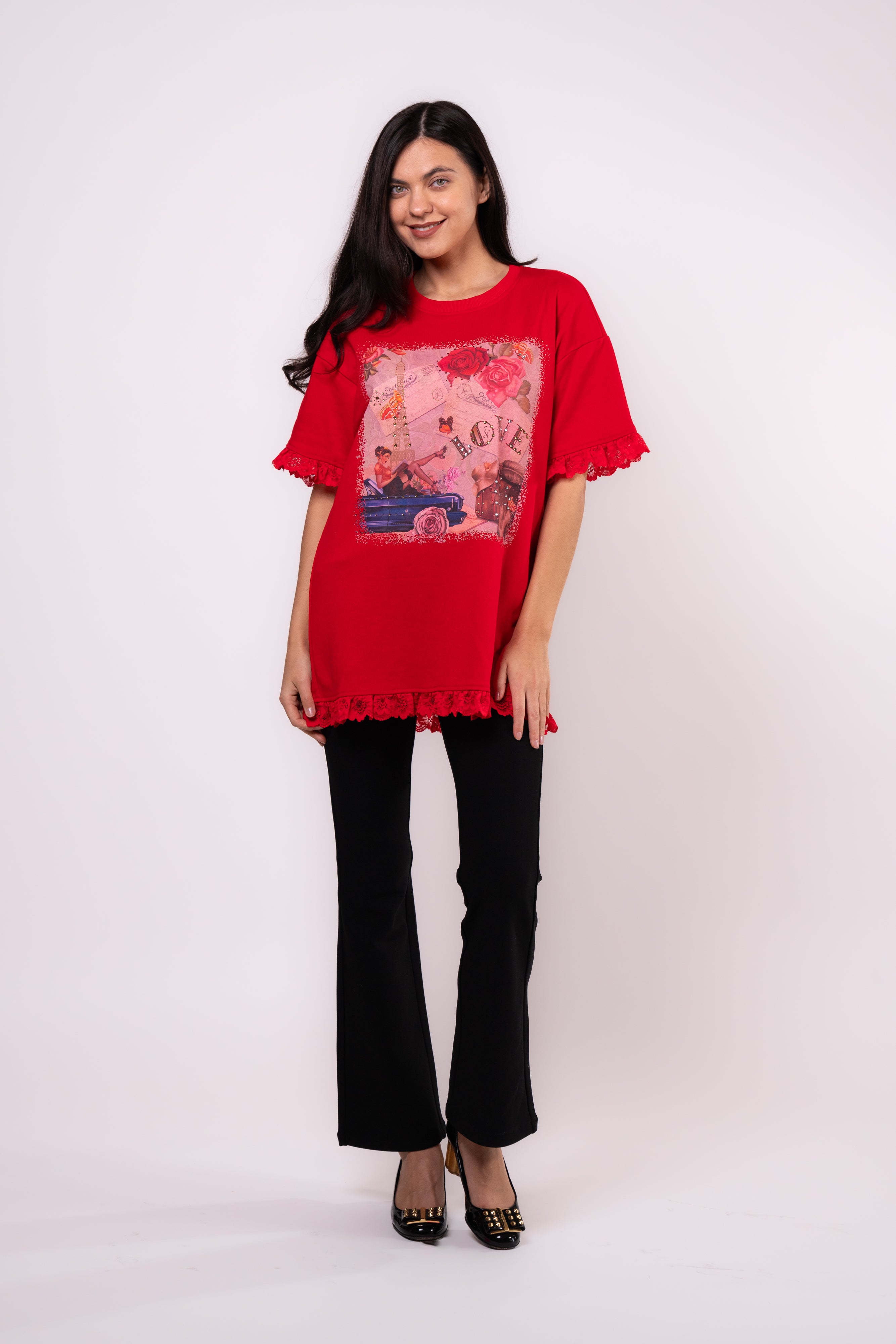 Brangio Parisian Love Lace-Trimmed Tee – Red