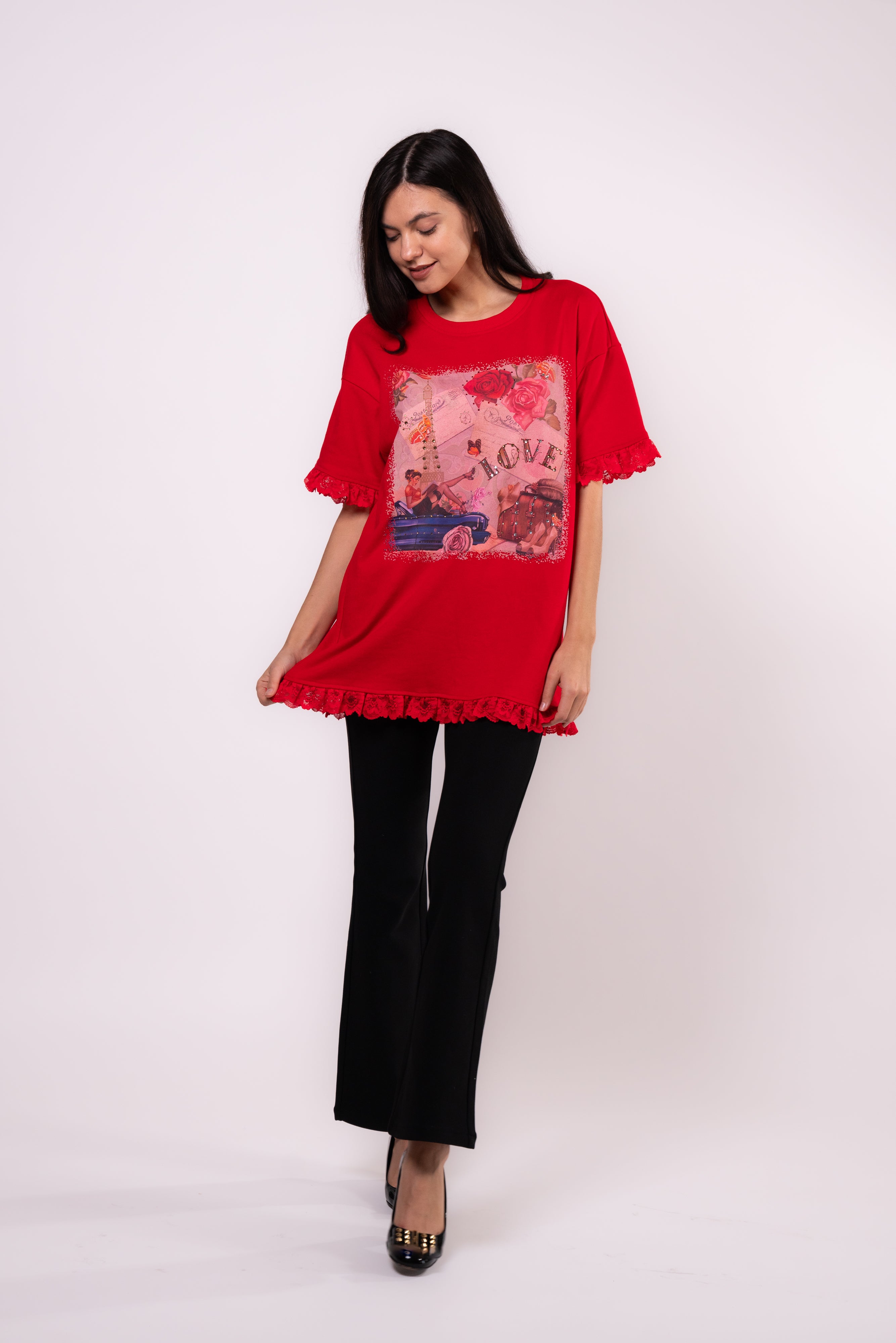 Brangio Parisian Love Lace-Trimmed Tee – Red