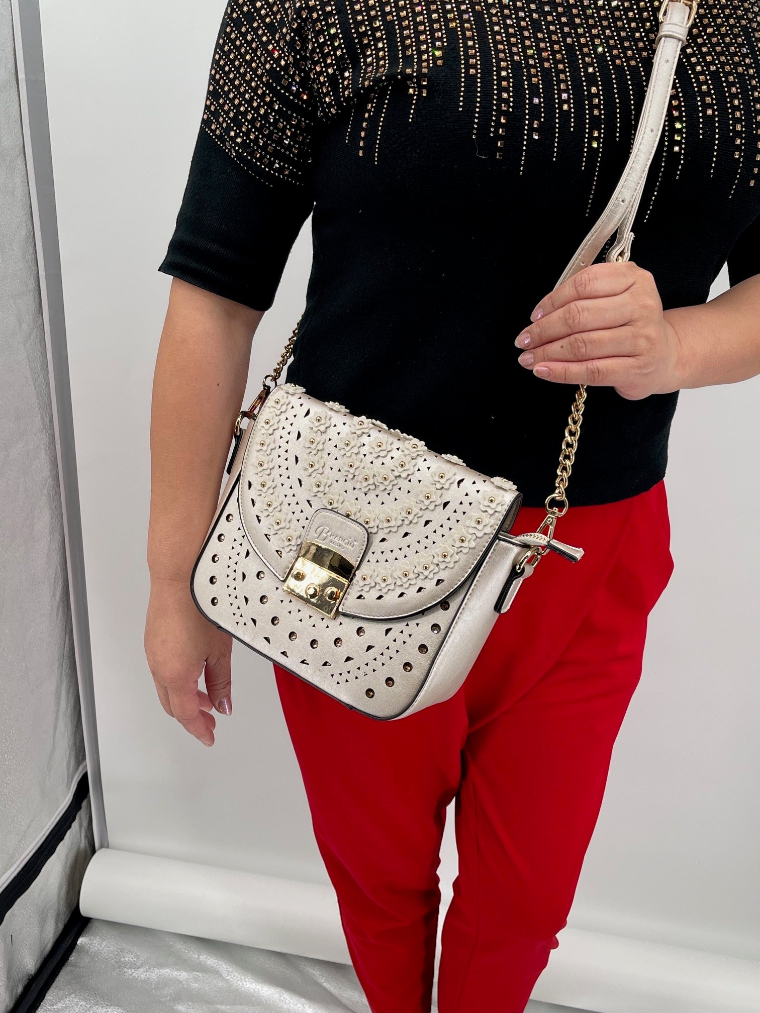 Brangio Italy Floral Laser Cut with Rhinestone Crossbody Bag