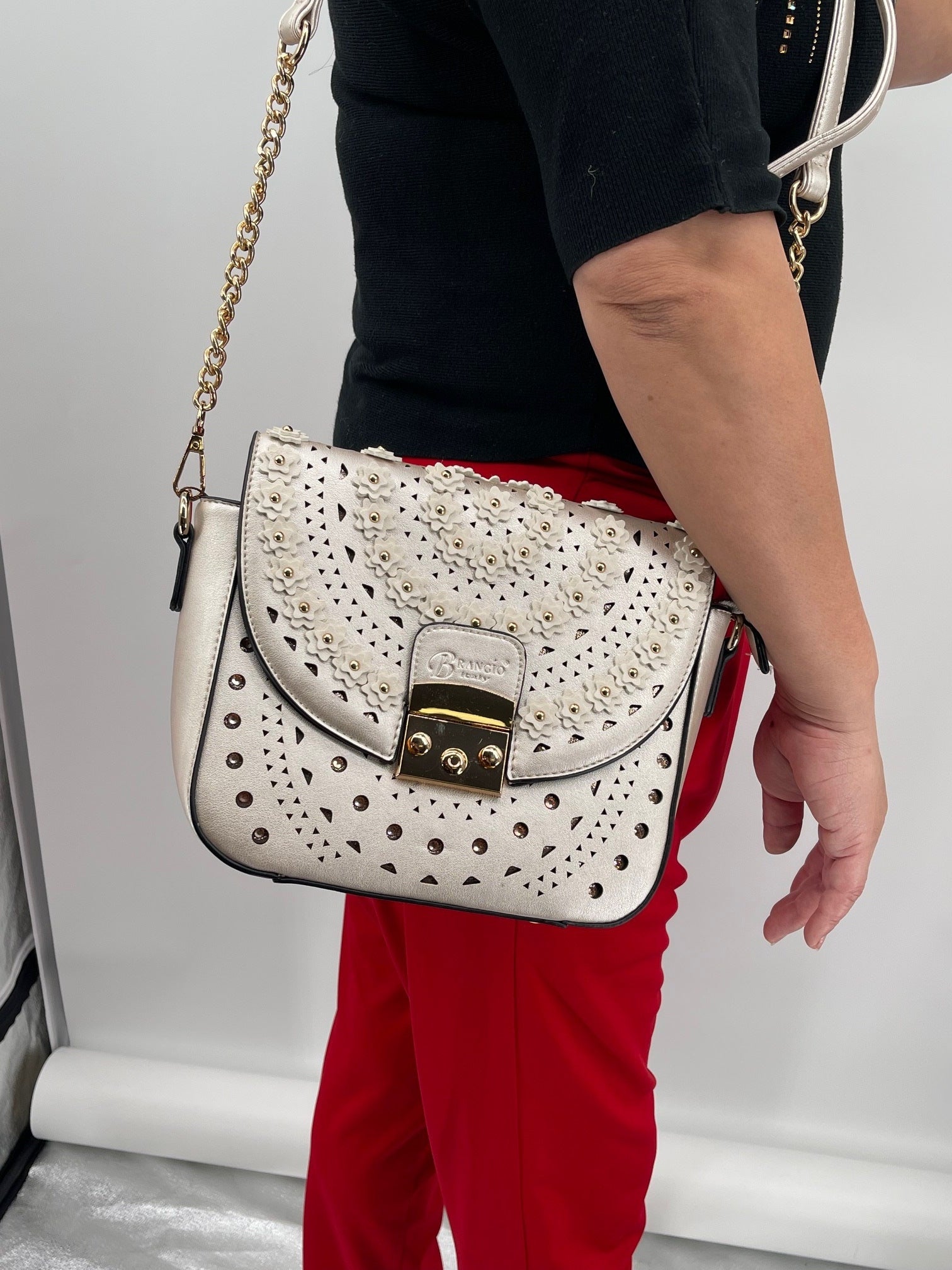 Brangio Italy Floral Laser Cut with Rhinestone Crossbody Bag