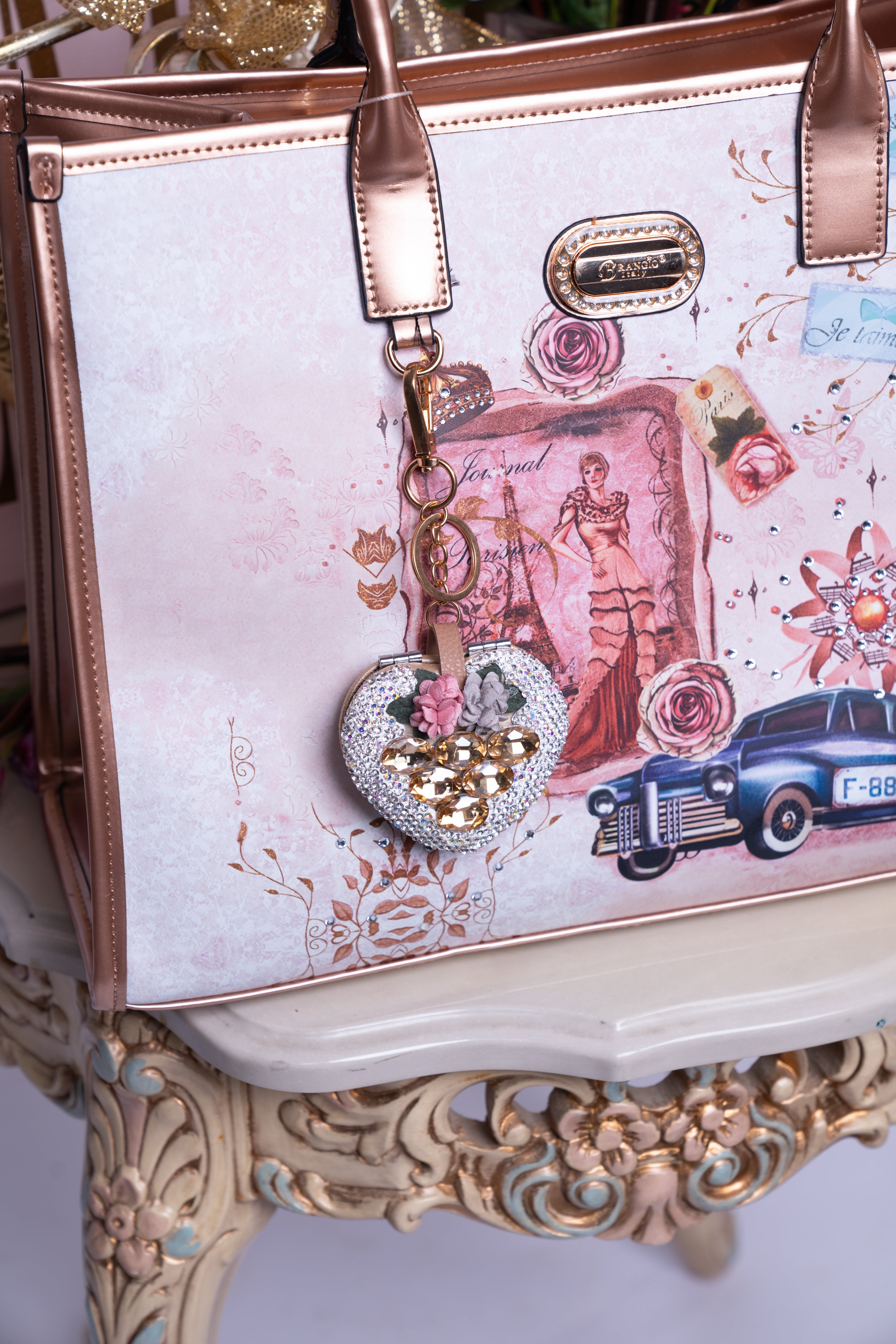 Floral Spark Heart Mirror Keychain & Purse Charm