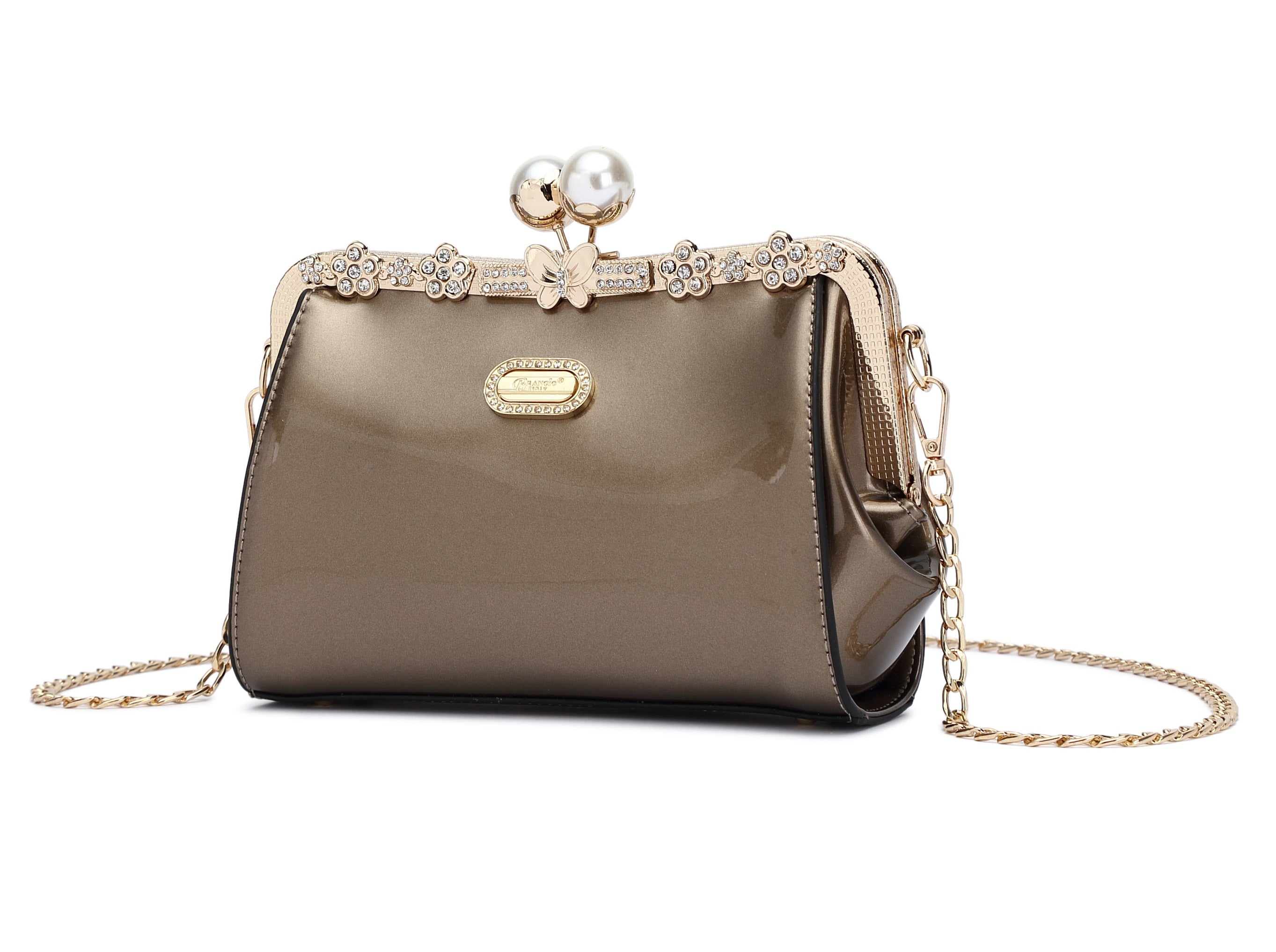 Brangio Italy Metallic Pearl Clasp Rhinestone Crossbody Purse