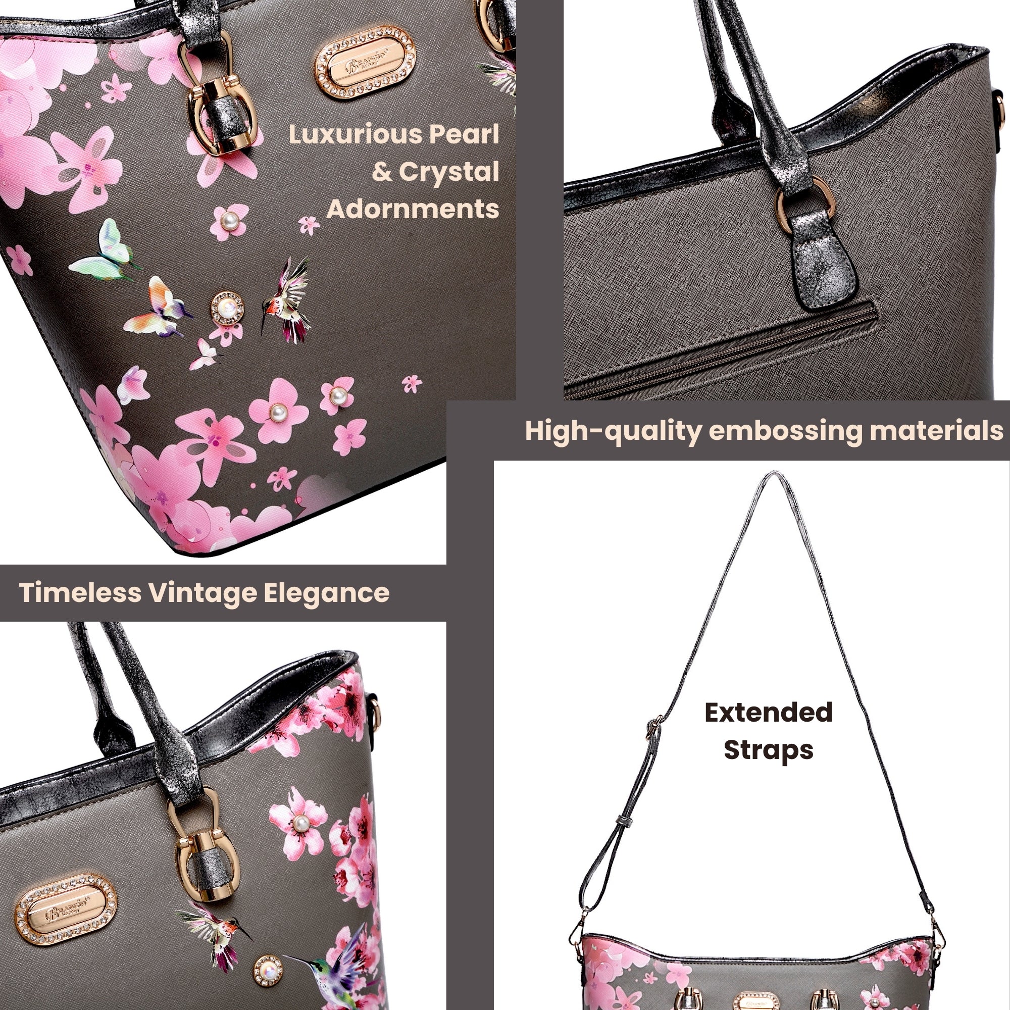 Brangio Italy Elegant Floral Hummingbird Tote Bag
