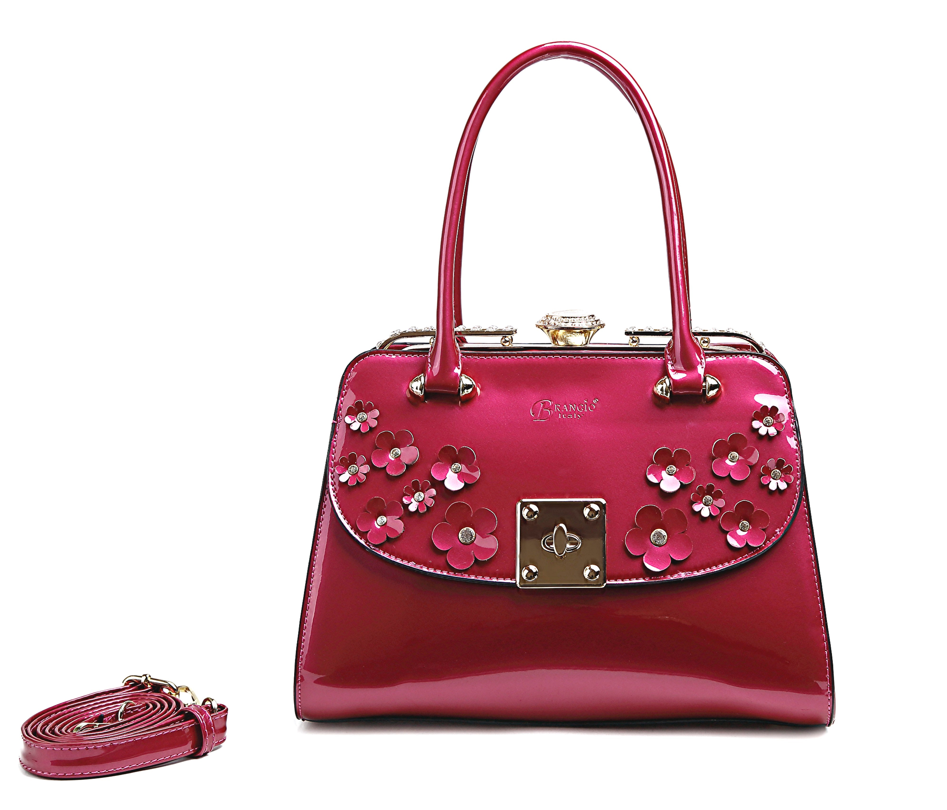 Brangio Italy Luxury Glossy Floral Patent Satchel Bag