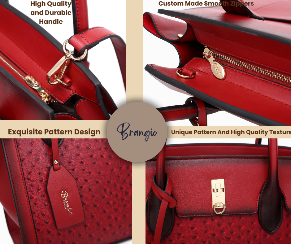 Brangio Italy Ostrich-Embossed Luxury Handbag – Neutral Faux Leather Satchel Purse with Gold Lock Accent | U.S.A. Company Ships from L.A.